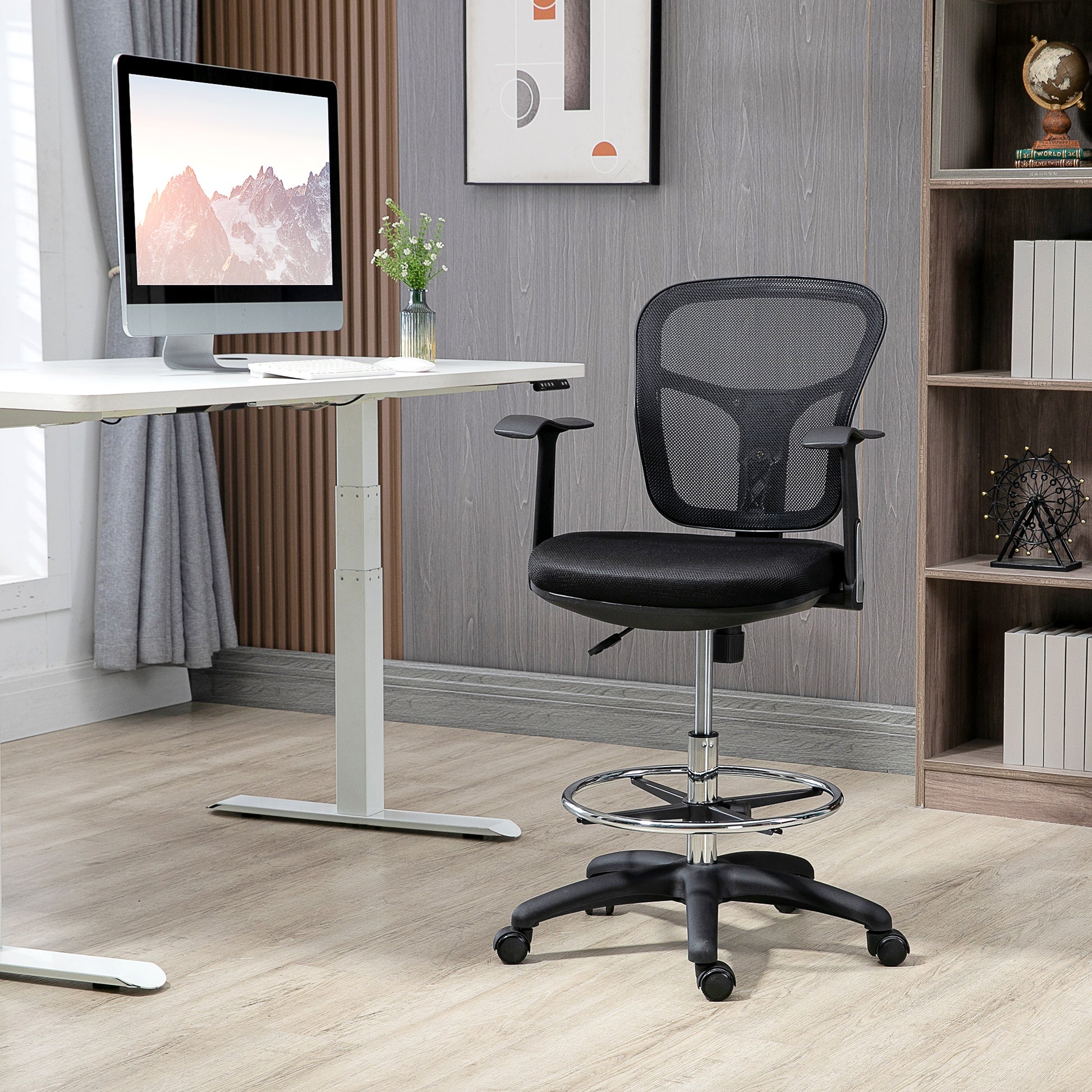 Office Chair, Ergonomic Drawing Chair, 95-115 cm Computer Chair with Armrest, Desk Chair with Footrest, Swivel Chair for Office, Living Room, Mesh, Black