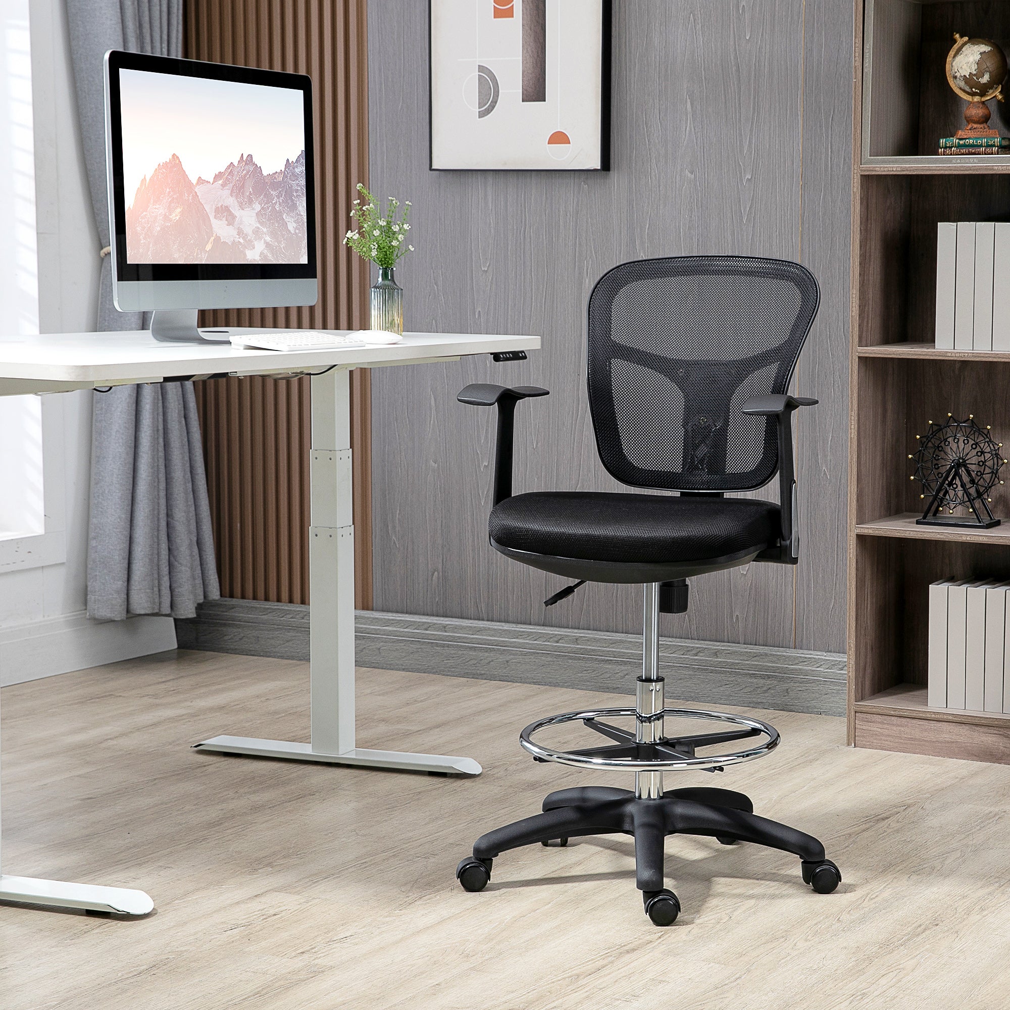 Office Chair, Ergonomic Drawing Chair, 95-115 cm Computer Chair with Armrest, Desk Chair with Footrest, Swivel Chair for Office, Living Room, Mesh, Black