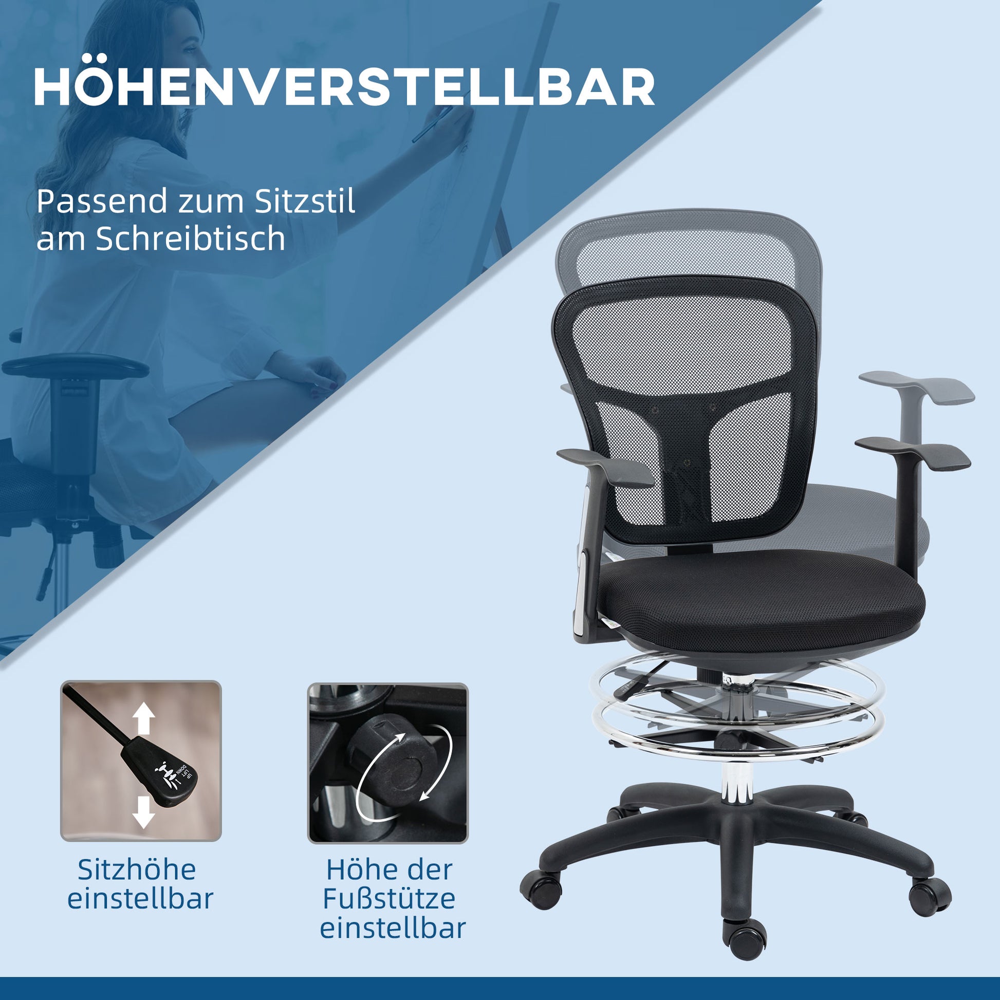 Office Chair, Ergonomic Drawing Chair, 95-115 cm Computer Chair with Armrest, Desk Chair with Footrest, Swivel Chair for Office, Living Room, Mesh, Black