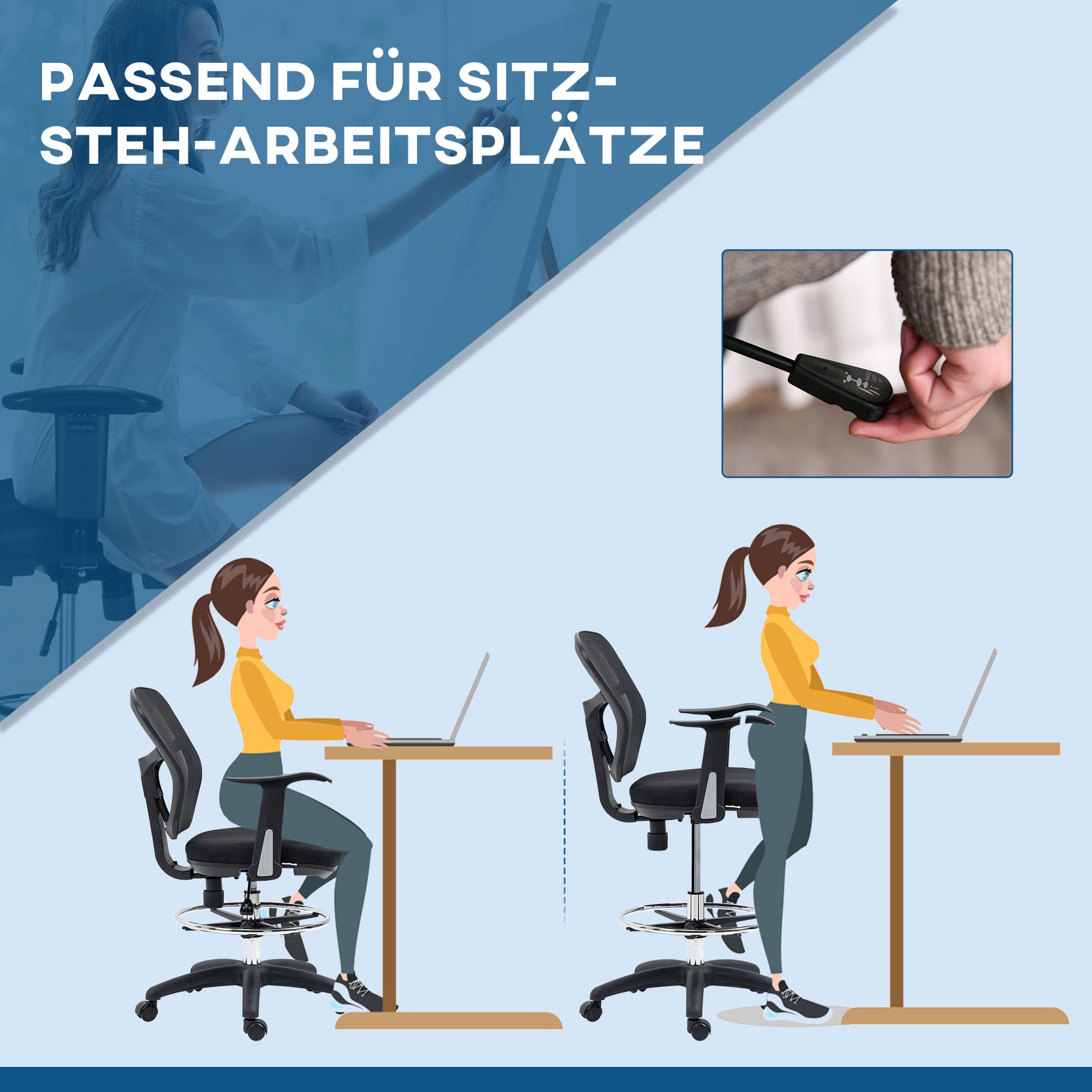 Office Chair, Ergonomic Drawing Chair, 95-115 cm Computer Chair with Armrest, Desk Chair with Footrest, Swivel Chair for Office, Living Room, Mesh, Black