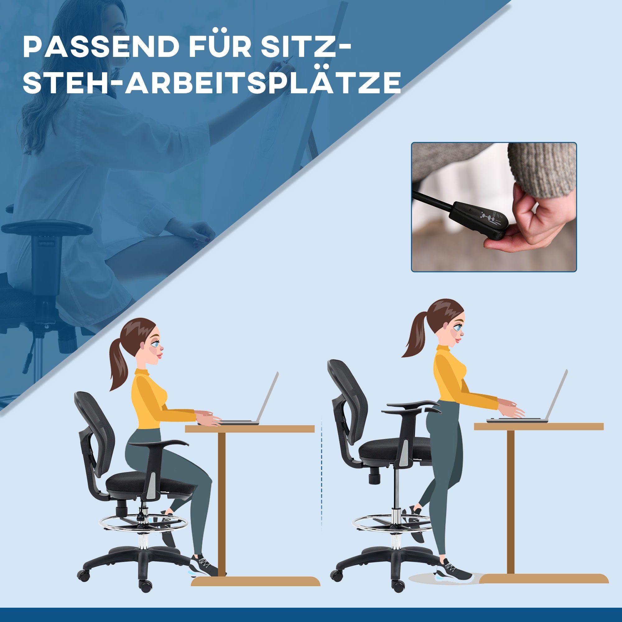 Office Chair, Ergonomic Drawing Chair, 95-115 cm Computer Chair with Armrest, Desk Chair with Footrest, Swivel Chair for Office, Living Room, Mesh, Black