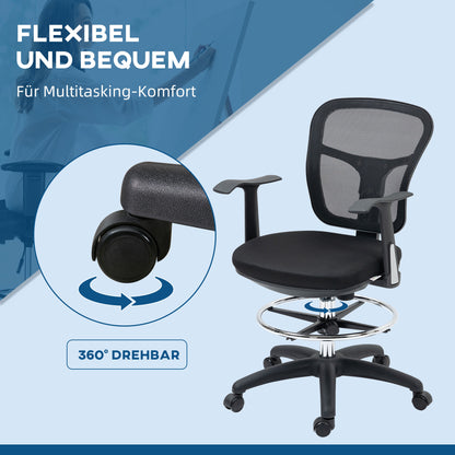 Office Chair, Ergonomic Drawing Chair, 95-115 cm Computer Chair with Armrest, Desk Chair with Footrest, Swivel Chair for Office, Living Room, Mesh, Black
