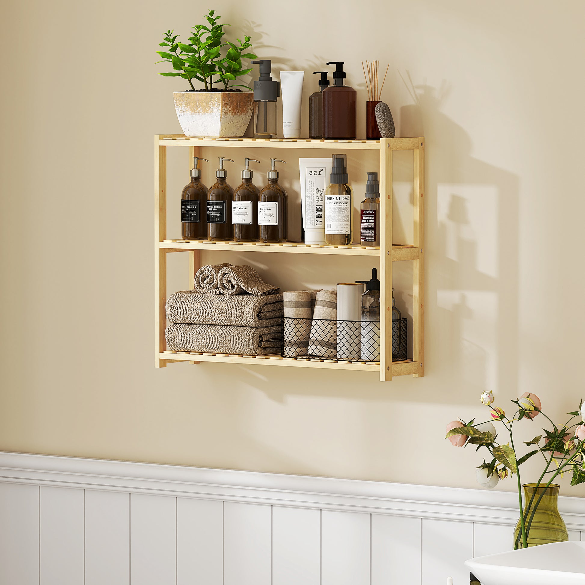 3-Tier Bamboo Bathroom Shelf with 5 Adjustable Levels, Wall or Floor Standing Storage Cabinet for Kitchen, Living Room, and Bathroom, 60x15x50 cm, Wood Color