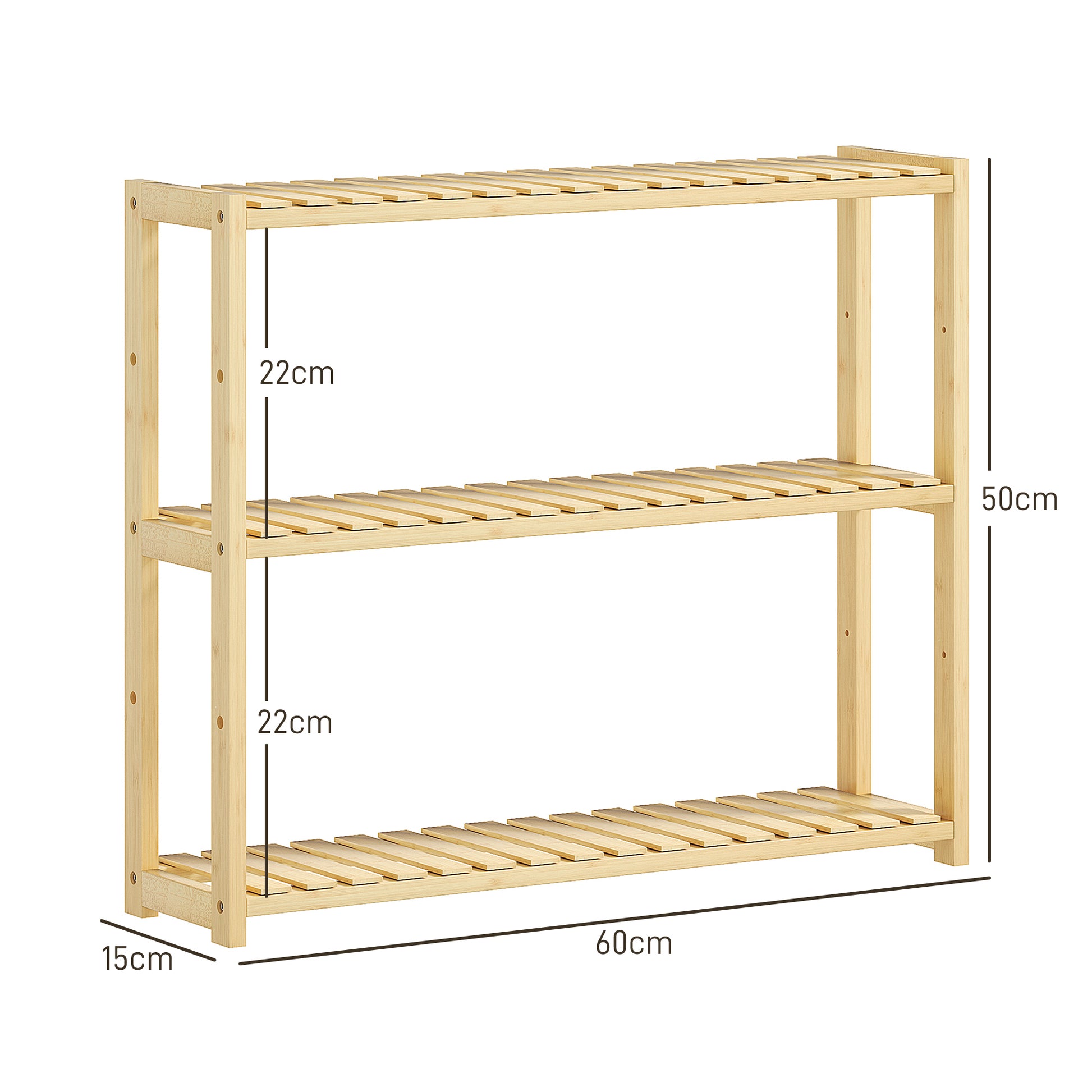 3-Tier Bamboo Bathroom Shelf with 5 Adjustable Levels, Wall or Floor Standing Storage Cabinet for Kitchen, Living Room, and Bathroom, 60x15x50 cm, Wood Color
