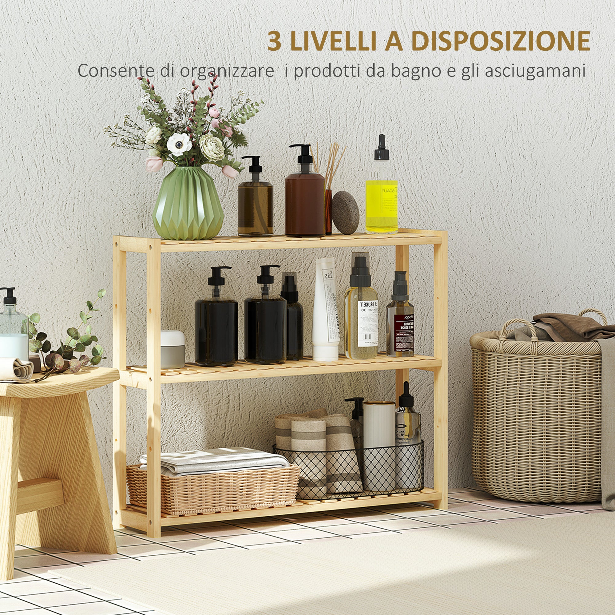 3-Tier Bamboo Bathroom Shelf with 5 Adjustable Levels, Wall or Floor Standing Storage Cabinet for Kitchen, Living Room, and Bathroom, 60x15x50 cm, Wood Color