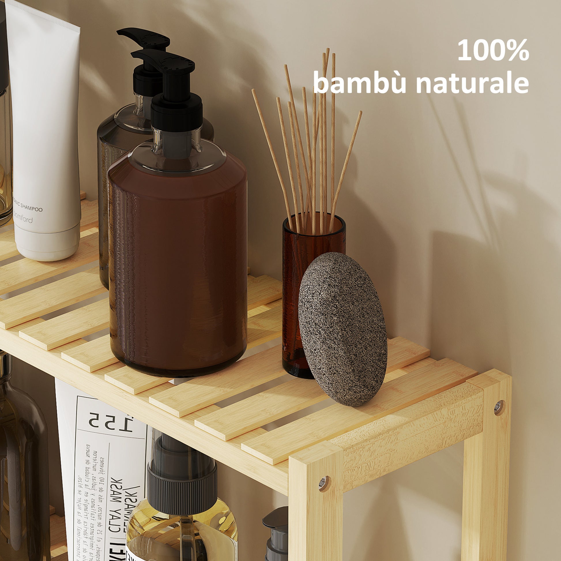 3-Tier Bamboo Bathroom Shelf with 5 Adjustable Levels, Wall or Floor Standing Storage Cabinet for Kitchen, Living Room, and Bathroom, 60x15x50 cm, Wood Color