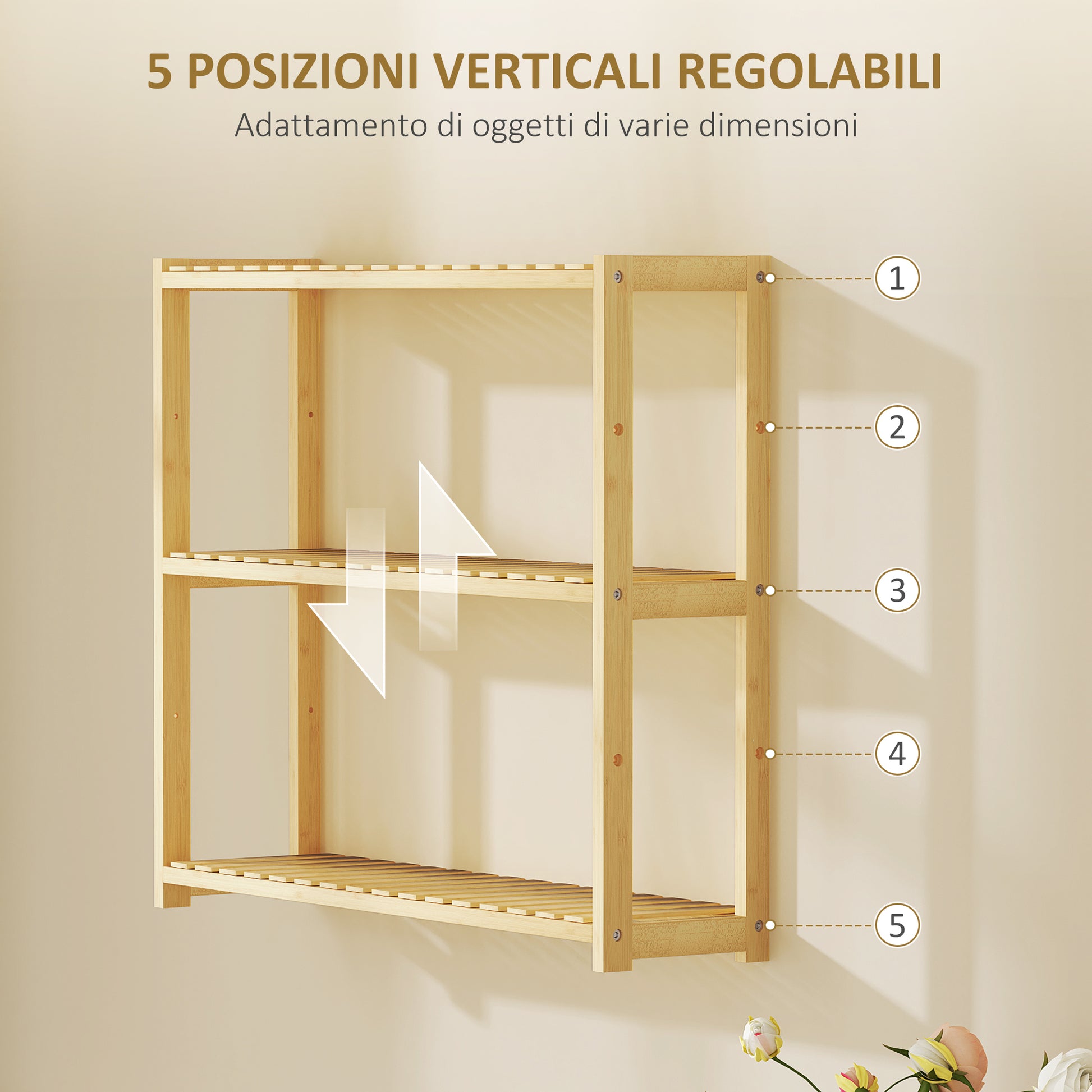 3-Tier Bamboo Bathroom Shelf with 5 Adjustable Levels, Wall or Floor Standing Storage Cabinet for Kitchen, Living Room, and Bathroom, 60x15x50 cm, Wood Color