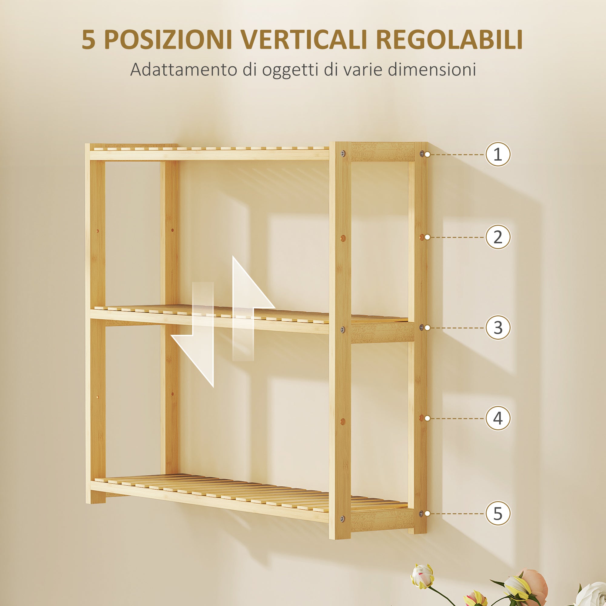 3-Tier Bamboo Bathroom Shelf with 5 Adjustable Levels, Wall or Floor Standing Storage Cabinet for Kitchen, Living Room, and Bathroom, 60x15x50 cm, Wood Color