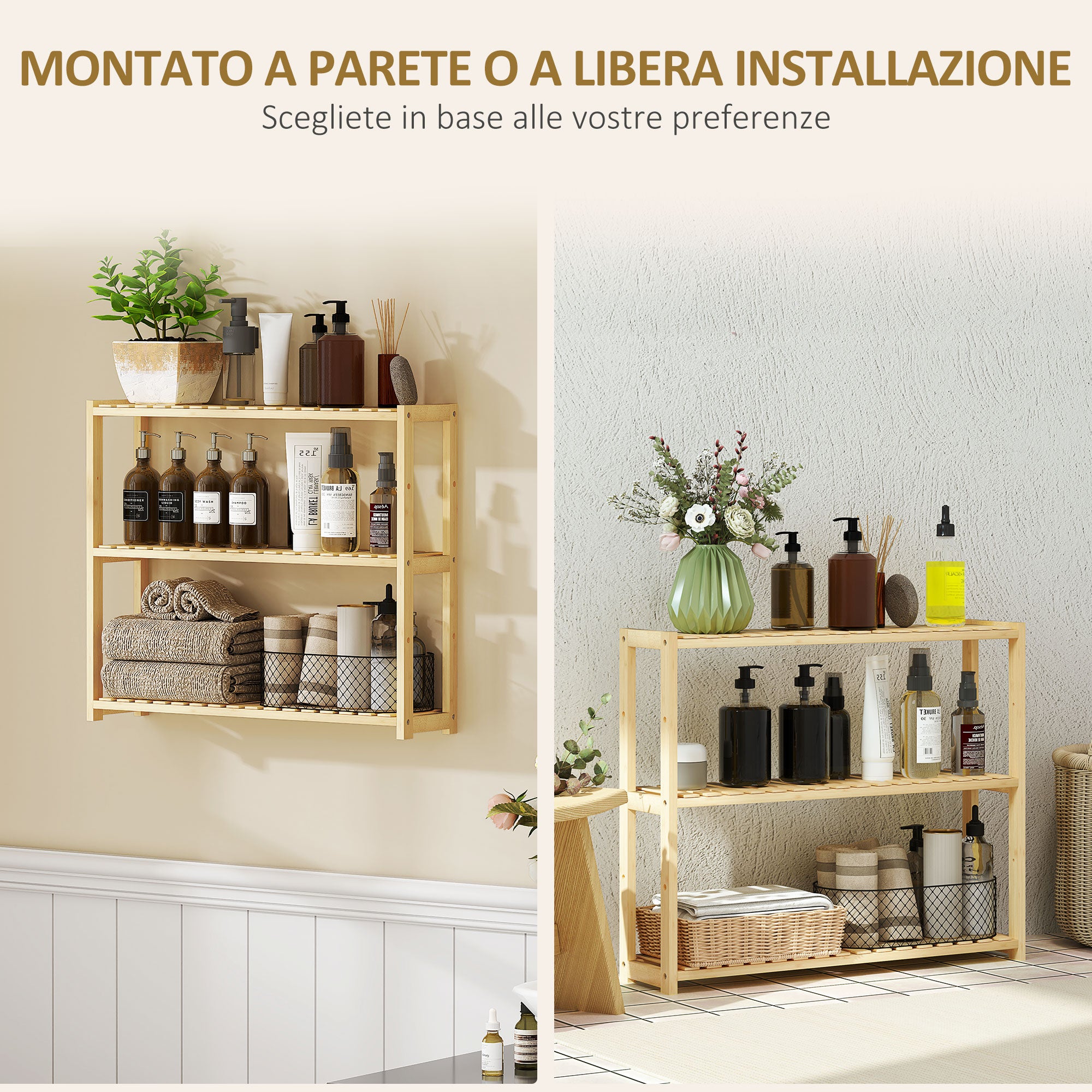 3-Tier Bamboo Bathroom Shelf with 5 Adjustable Levels, Wall or Floor Standing Storage Cabinet for Kitchen, Living Room, and Bathroom, 60x15x50 cm, Wood Color