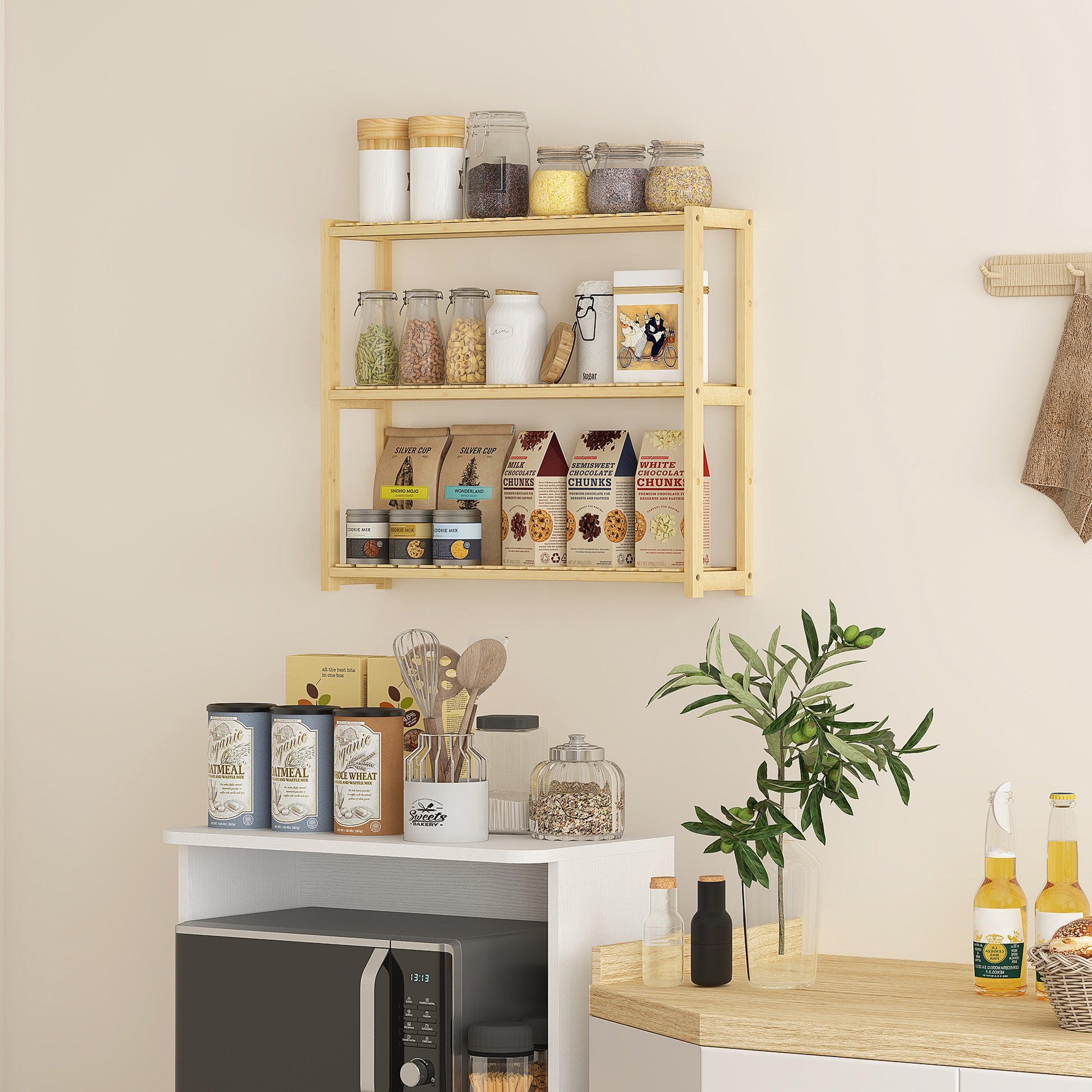3-Tier Bamboo Bathroom Shelf with 5 Adjustable Levels, Wall or Floor Standing Storage Cabinet for Kitchen, Living Room, and Bathroom, 60x15x50 cm, Wood Color