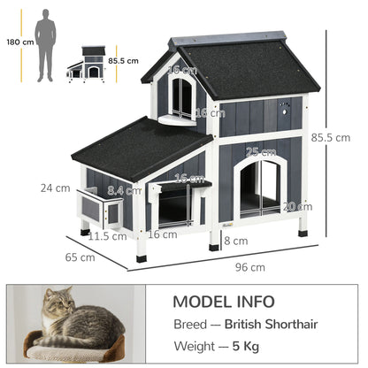 Wooden Cat House, Winterproof Cat Shelter with Multiple Entrances, 2 Floors, Cat Cave for Outdoor, Small Animal House with Asphalt Roof, Flower Box for Outdoor Garden, 96 x 65 x 85.5 cm, Gray