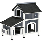 Wooden Cat House, Winterproof Cat Shelter with Multiple Entrances, 2 Floors, Cat Cave for Outdoor, Small Animal House with Asphalt Roof, Flower Box for Outdoor Garden, 96 x 65 x 85.5 cm, Gray
