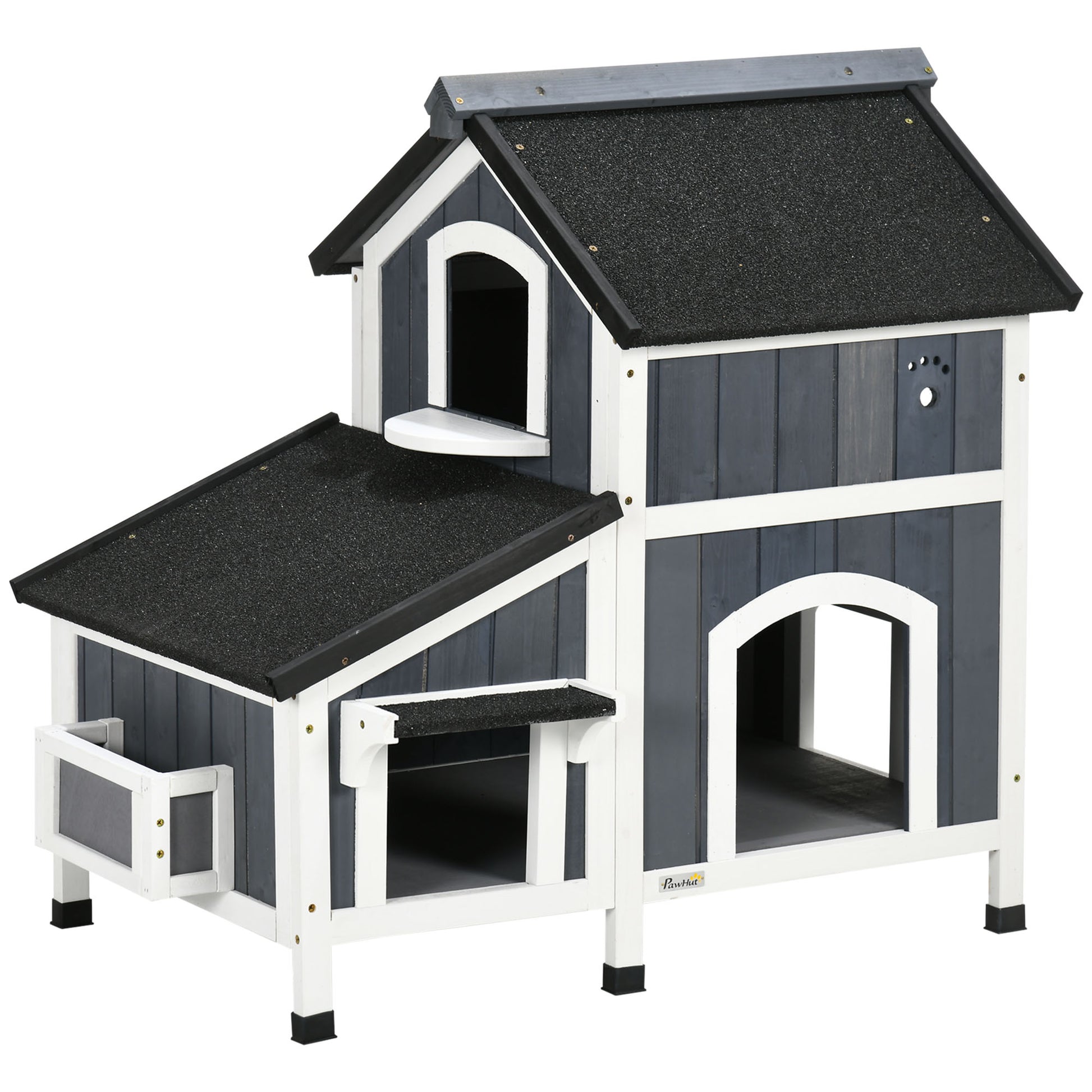 Wooden Cat House, Winterproof Cat Shelter with Multiple Entrances, 2 Floors, Cat Cave for Outdoor, Small Animal House with Asphalt Roof, Flower Box for Outdoor Garden, 96 x 65 x 85.5 cm, Gray