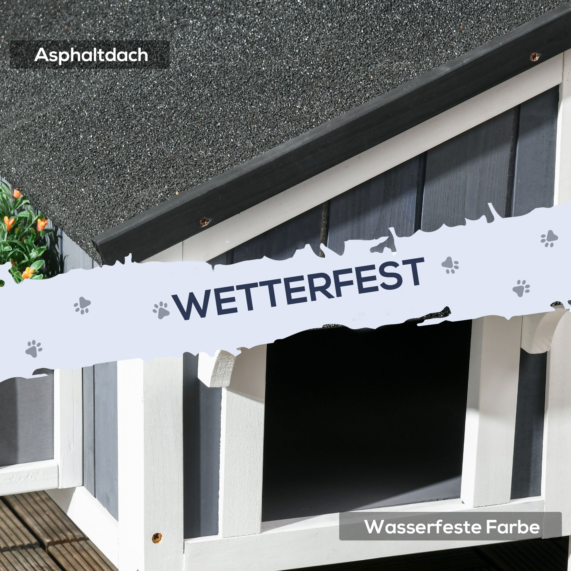 Wooden Cat House, Winterproof Cat Shelter with Multiple Entrances, 2 Floors, Cat Cave for Outdoor, Small Animal House with Asphalt Roof, Flower Box for Outdoor Garden, 96 x 65 x 85.5 cm, Gray