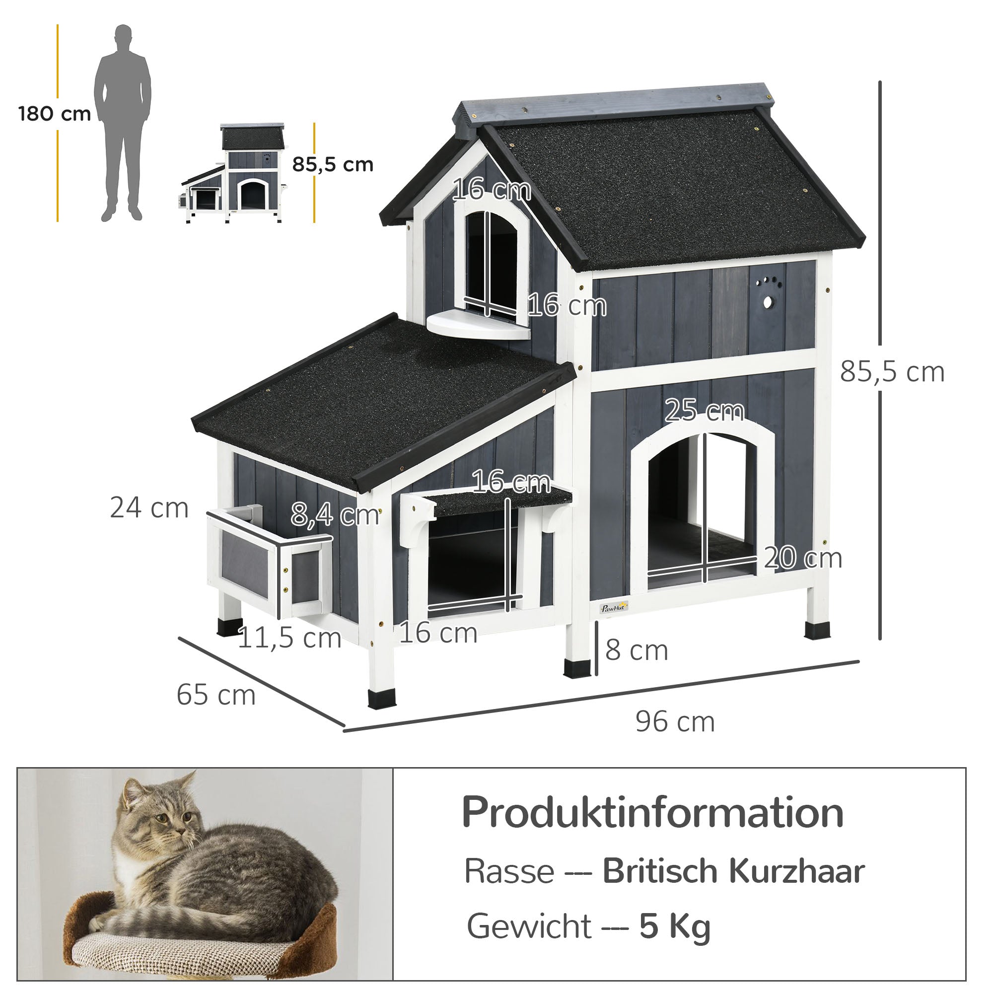 Wooden Cat House, Winterproof Cat Shelter with Multiple Entrances, 2 Floors, Cat Cave for Outdoor, Small Animal House with Asphalt Roof, Flower Box for Outdoor Garden, 96 x 65 x 85.5 cm, Gray