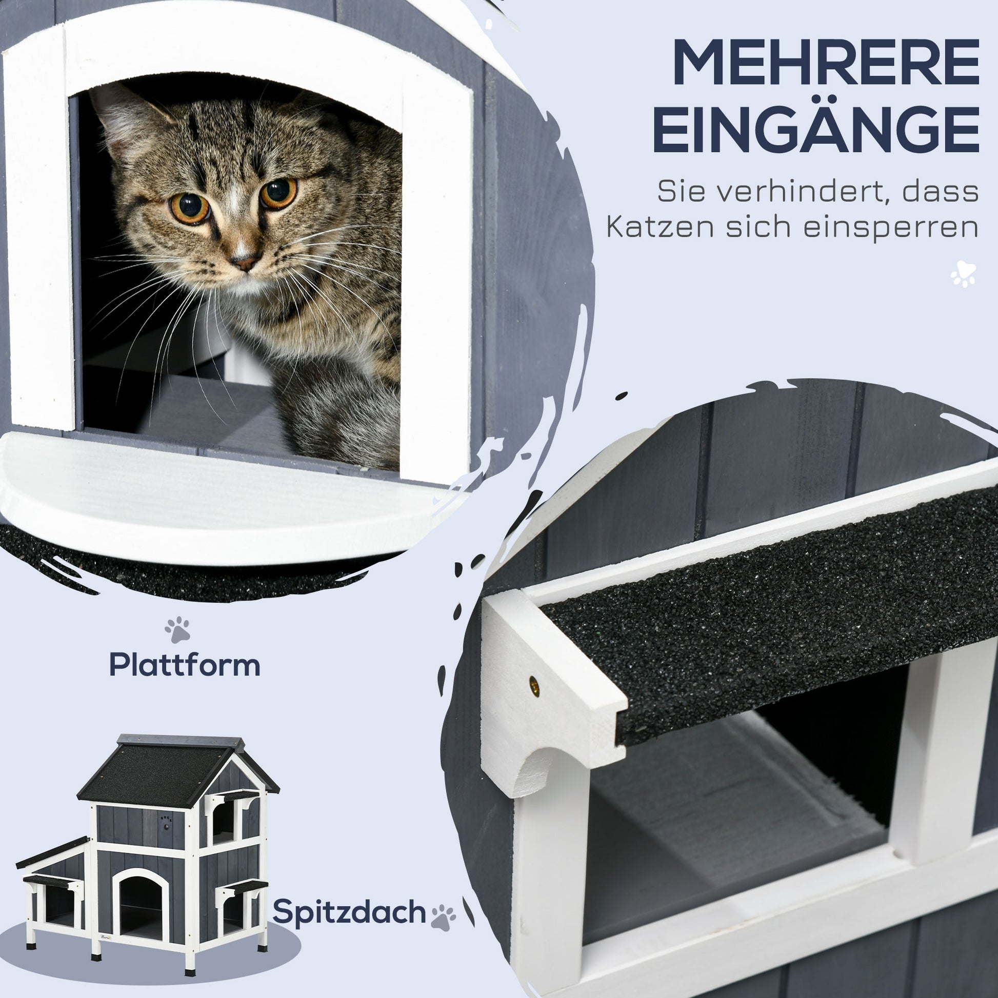 Wooden Cat House, Winterproof Cat Shelter with Multiple Entrances, 2 Floors, Cat Cave for Outdoor, Small Animal House with Asphalt Roof, Flower Box for Outdoor Garden, 96 x 65 x 85.5 cm, Gray