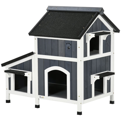 Wooden Cat House, Winterproof Cat Shelter with Multiple Entrances, 2 Floors, Cat Cave for Outdoor, Small Animal House with Asphalt Roof, Flower Box for Outdoor Garden, 96 x 65 x 85.5 cm, Gray