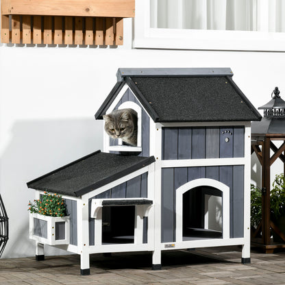 Wooden Cat House, Winterproof Cat Shelter with Multiple Entrances, 2 Floors, Cat Cave for Outdoor, Small Animal House with Asphalt Roof, Flower Box for Outdoor Garden, 96 x 65 x 85.5 cm, Gray