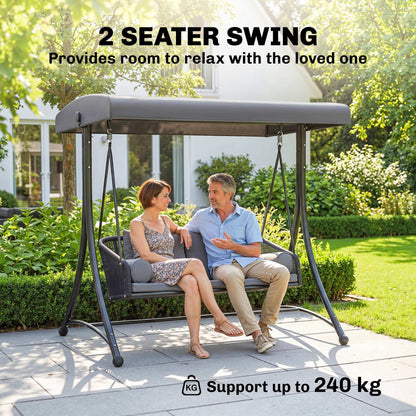 Rattan Hollywood Swing — 2-Seater Patio Bench with Adjustable Canopy & Cushions, A-Frame, Supports 529 lb, 70.1 x 47.2 x 67.7 in (Dark Gray)