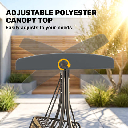 Rattan Hollywood Swing — 2-Seater Patio Bench with Adjustable Canopy & Cushions, A-Frame, Supports 529 lb, 70.1 x 47.2 x 67.7 in (Dark Gray)