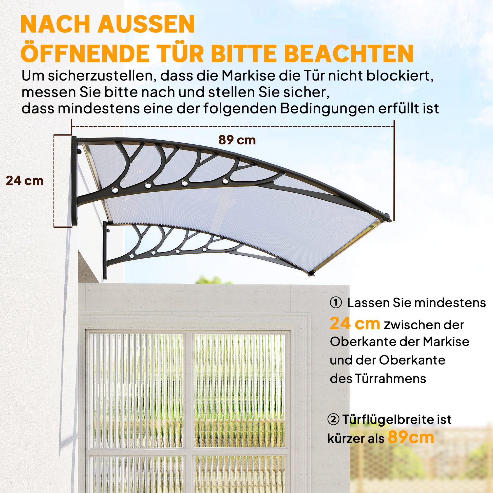 Front Door Canopy 89 x 122 cm Door Canopy made of Polycarbonate, Curved Canopy with UV Protection, Sunshade Rain Cover for Outdoor, White