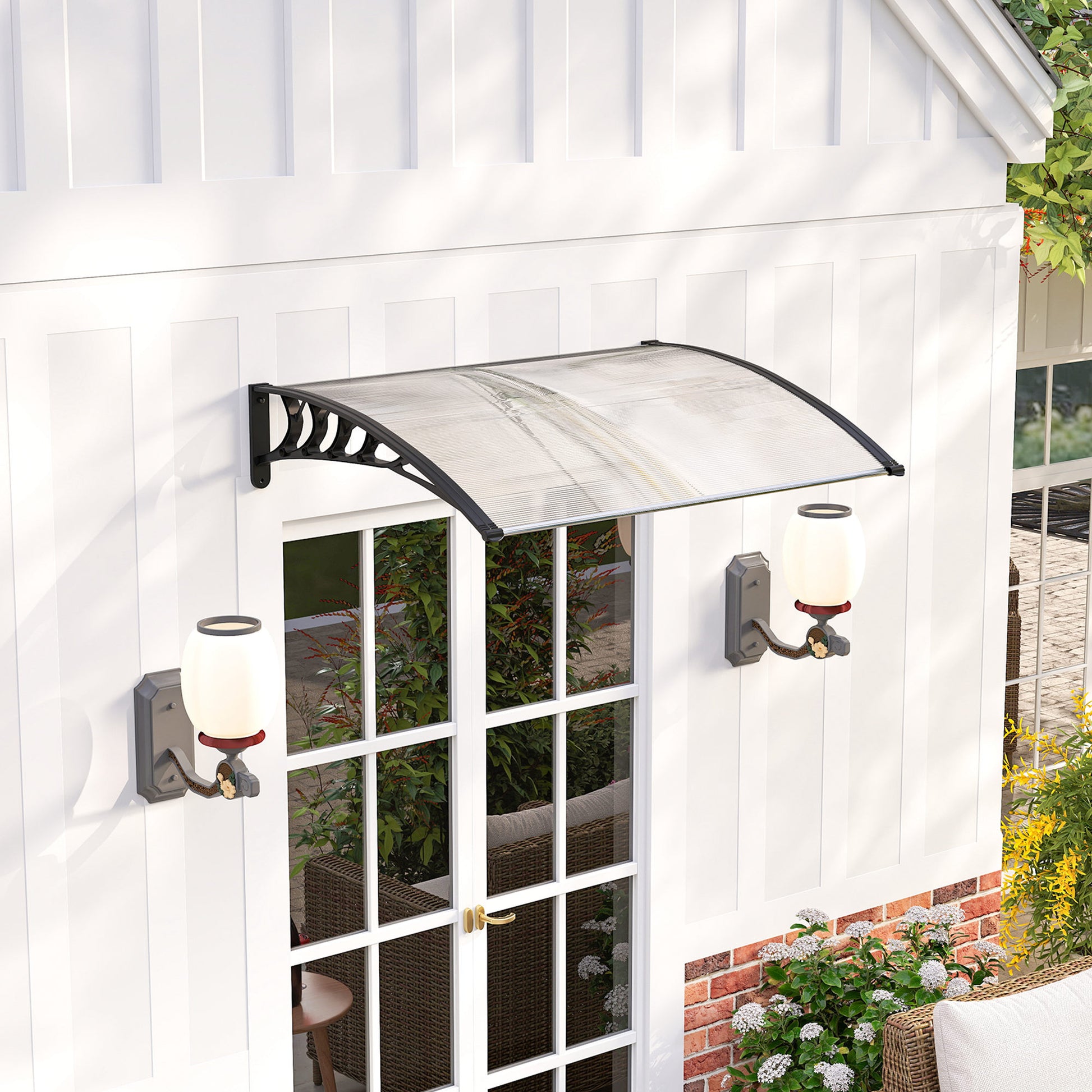Front Door Canopy 89 x 122 cm Door Canopy made of Polycarbonate, Curved Canopy with UV Protection, Sunshade Rain Cover for Outdoor, White