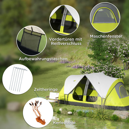 Camping Tent, Tunnel Tent for 6-8 People, with Light Hook, Mesh Windows, 2 Rooms Windproof Family Tent with Carrying Bag, 2000mm Water-Resistant Group Tent for Camping, Garden, Green