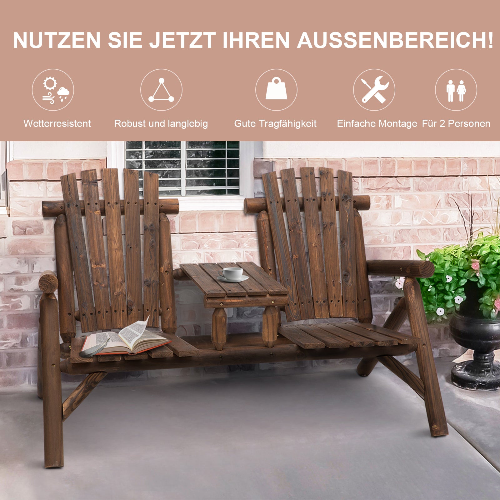 Garden Bench with Table, Outdoor Furniture, Bench, 2 Chairs, Solid Wood, Brown, 157 x 88 x 103 cm