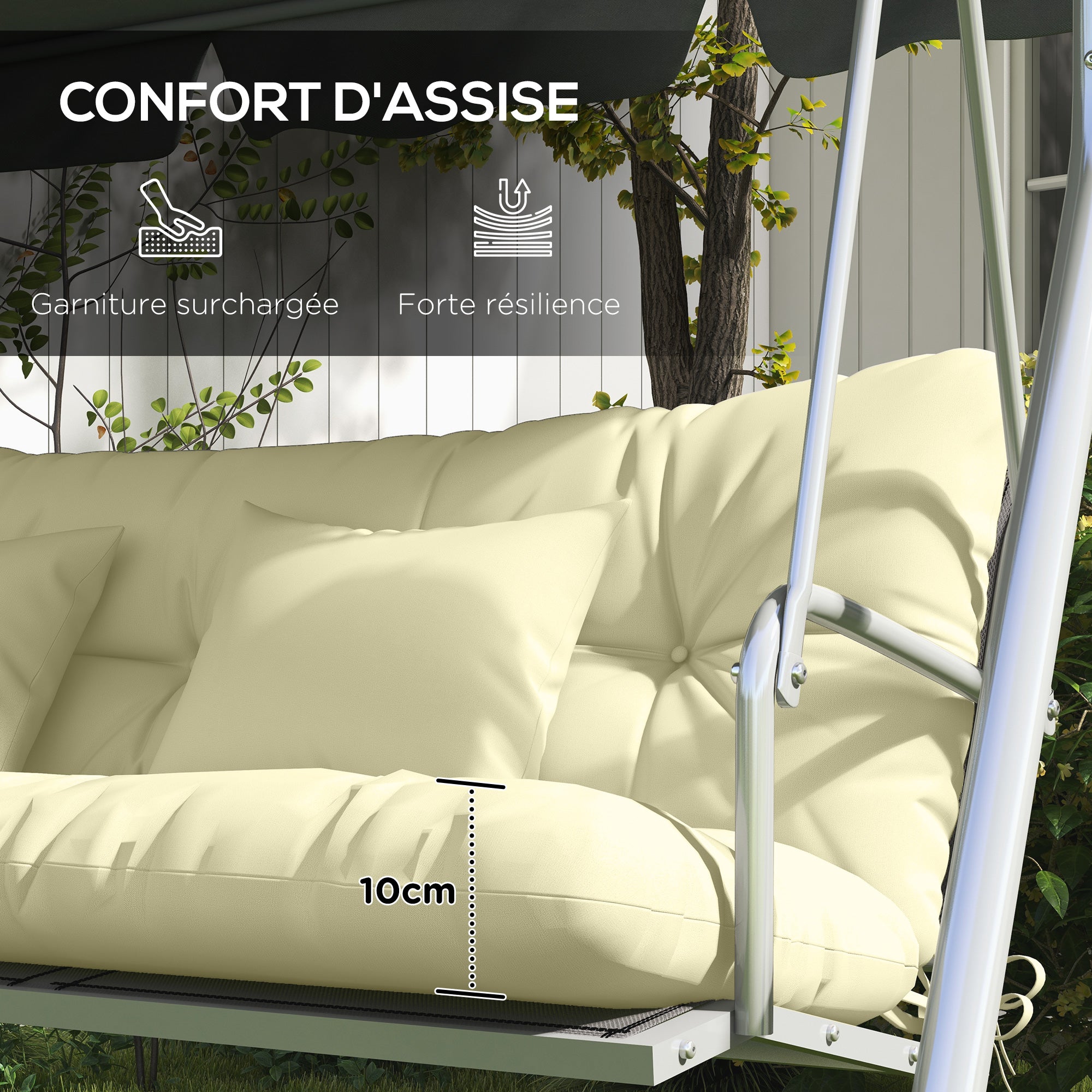 Set of 4 Outdoor Cushions for Garden Swing, 1 Seat Cushion, 1 Back Cushion, and 2 Pillows Cream