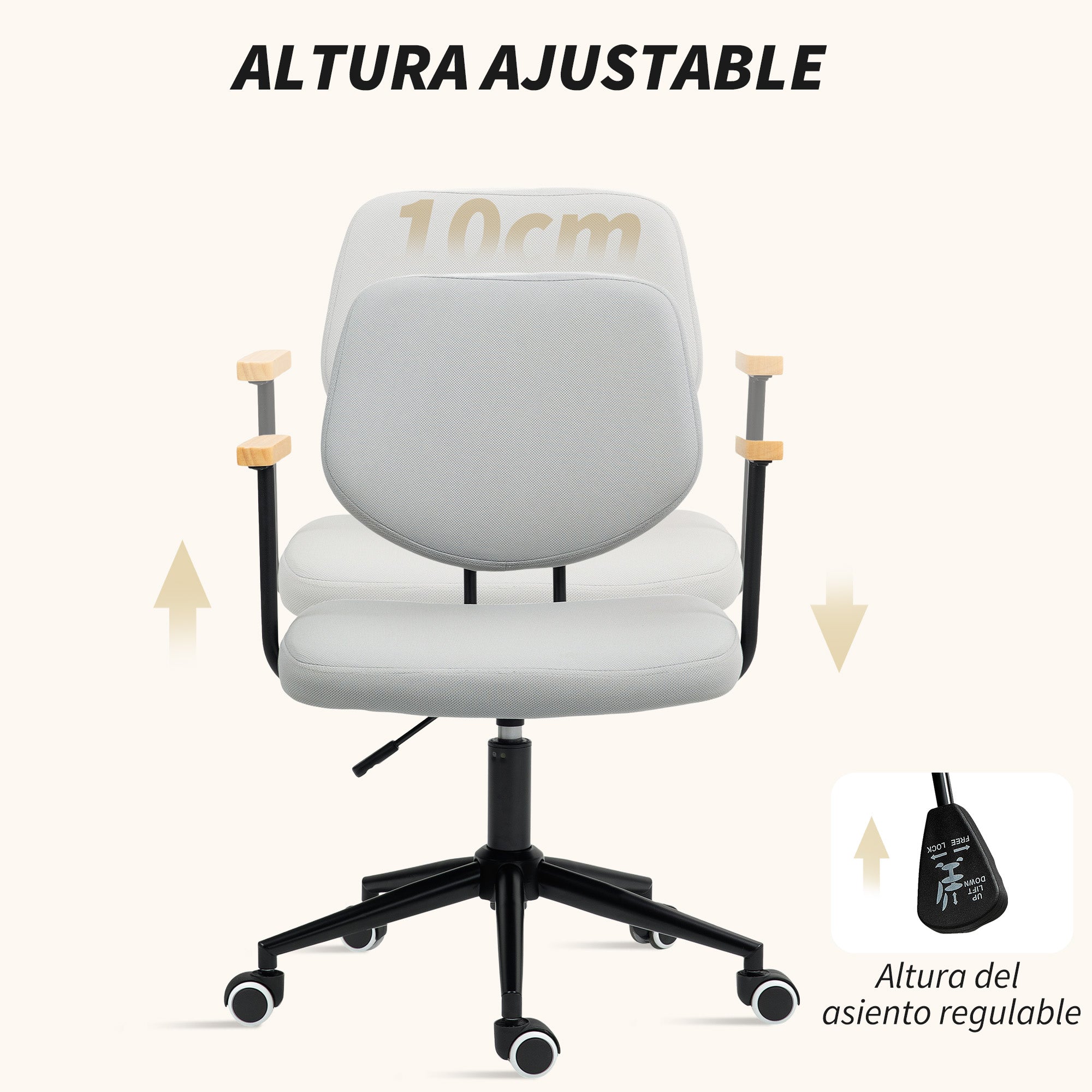 Office Chair Desk Chair with Wooden Armrests and Adjustable Height Swivel Chair for Study Bedroom Load 120 kg Gray