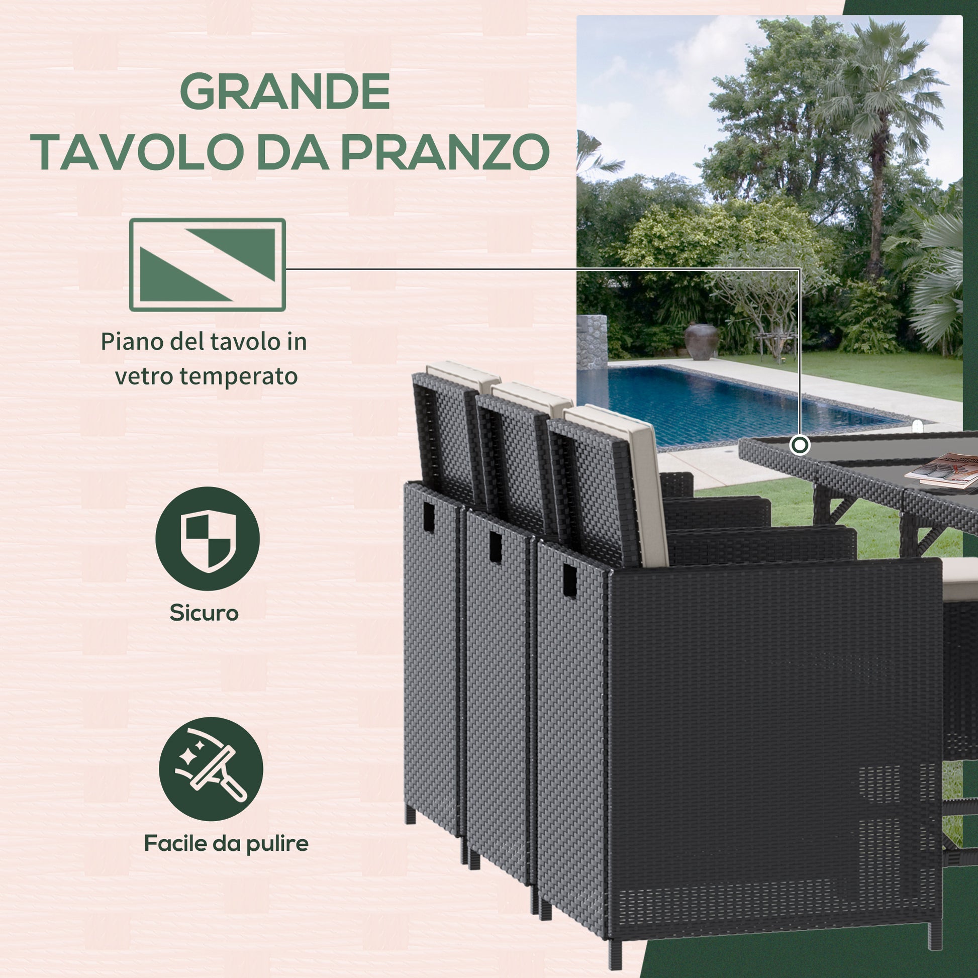 11-Piece Outdoor Rattan Garden Furniture Set with Tempered Glass Table and Cushions, Dining Set, Black