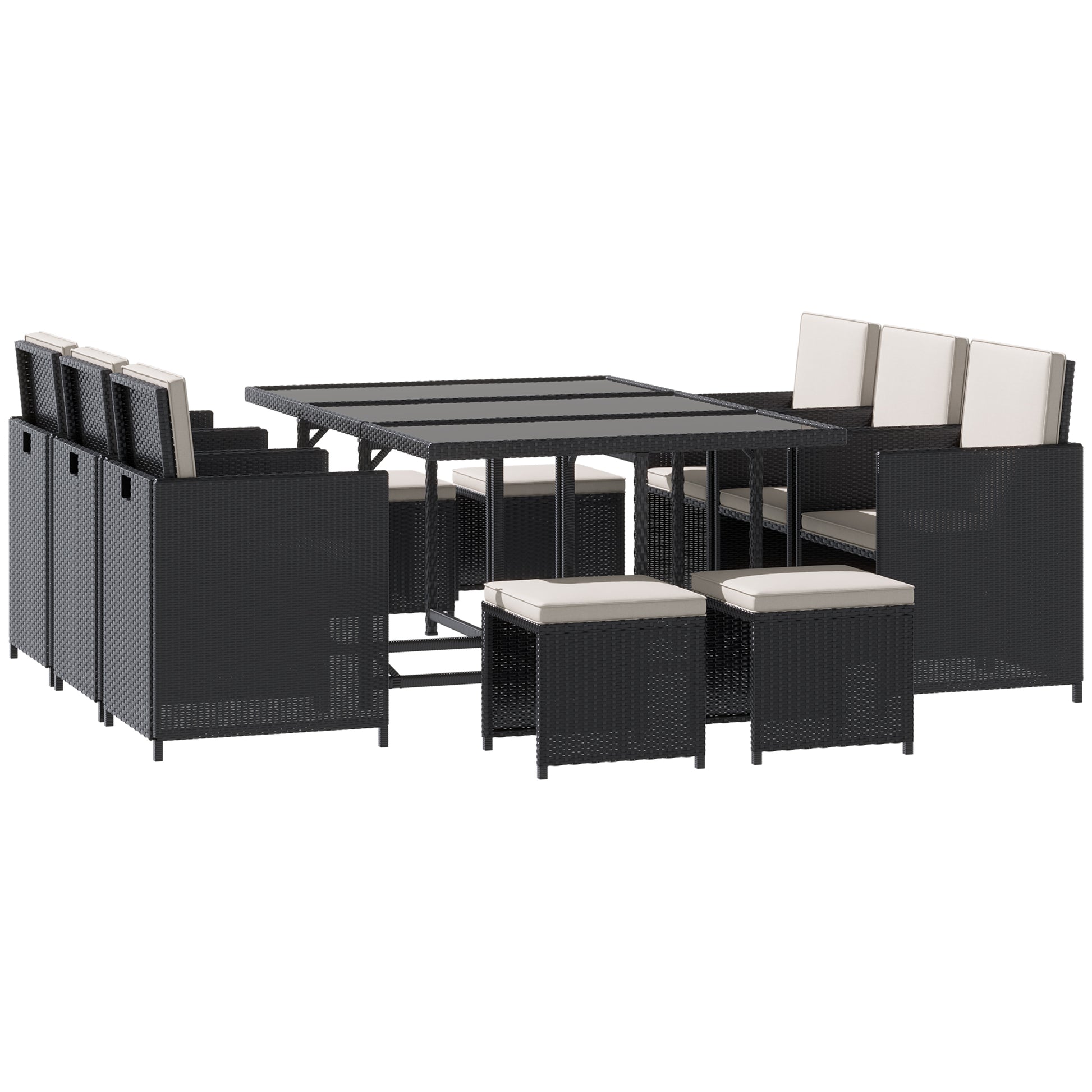 11-Piece Outdoor Rattan Garden Furniture Set with Tempered Glass Table and Cushions, Dining Set, Black