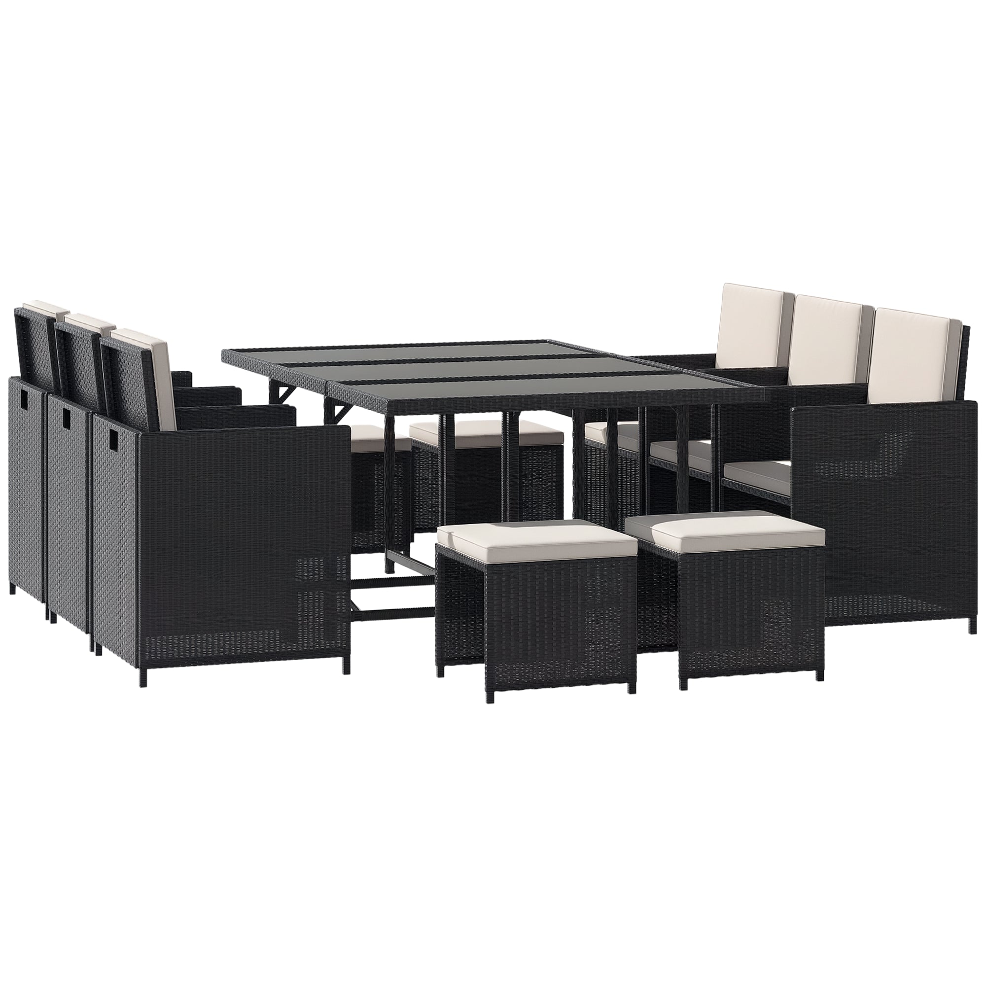 11-Piece Outdoor Rattan Garden Furniture Set with Tempered Glass Table and Cushions, Dining Set, Black
