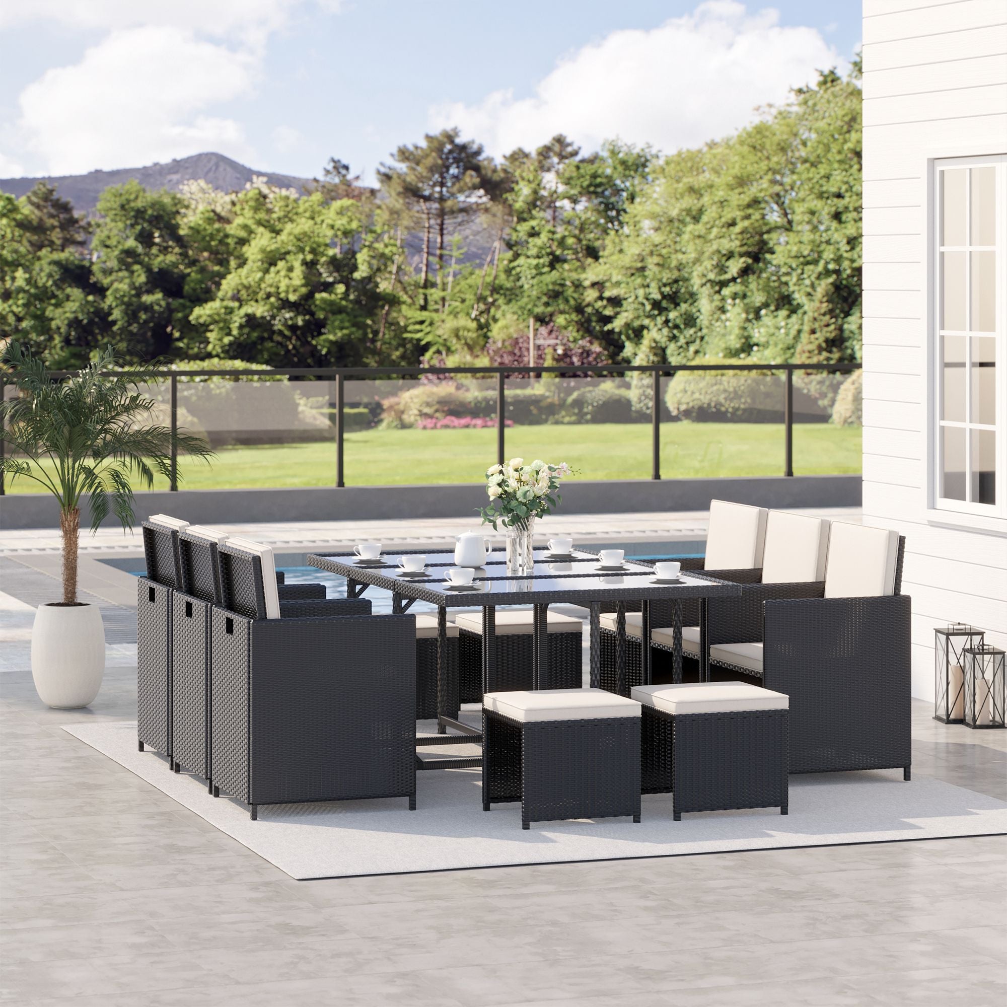 11-Piece Outdoor Rattan Garden Furniture Set with Tempered Glass Table and Cushions, Dining Set, Black