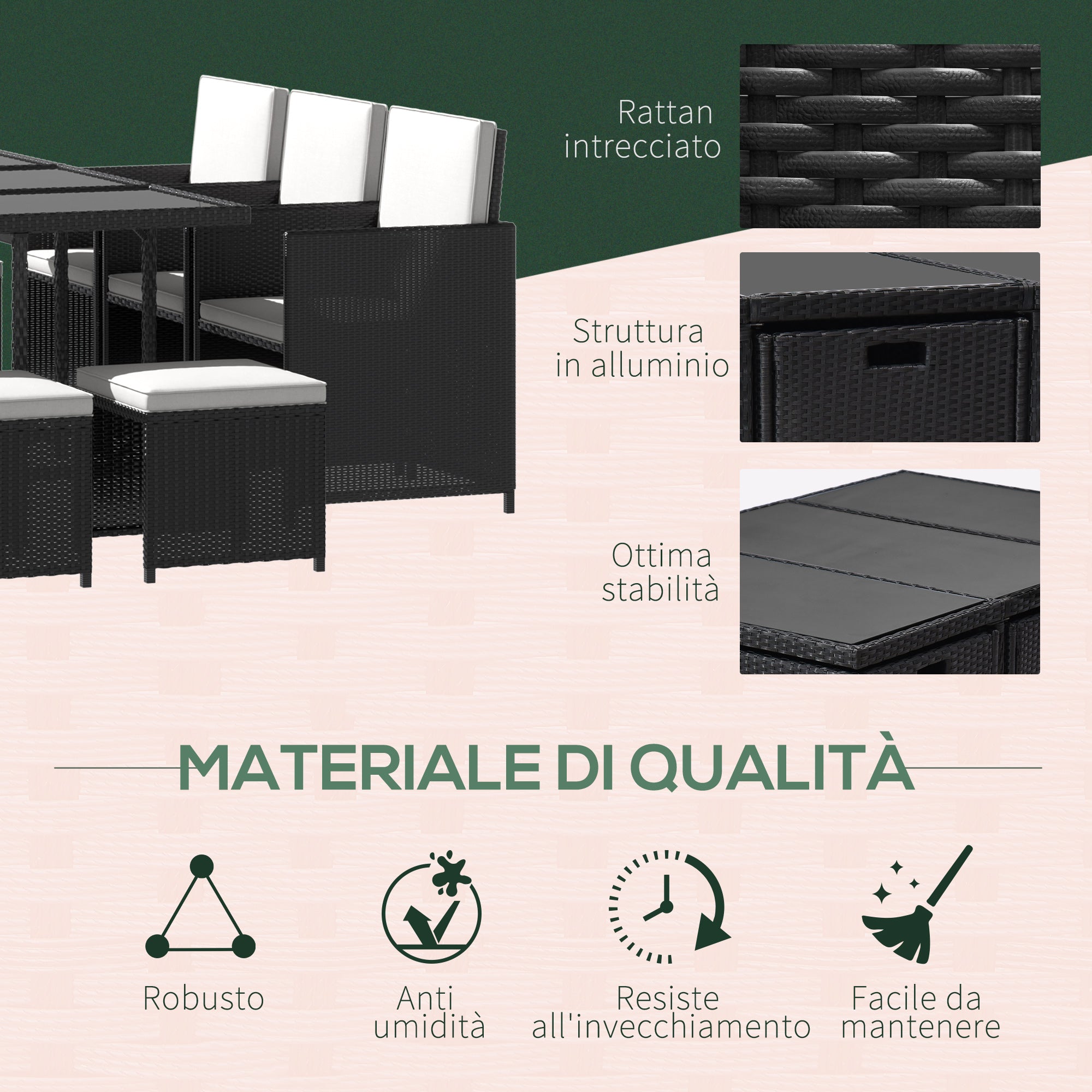 11-Piece Outdoor Rattan Garden Furniture Set with Tempered Glass Table and Cushions, Dining Set, Black