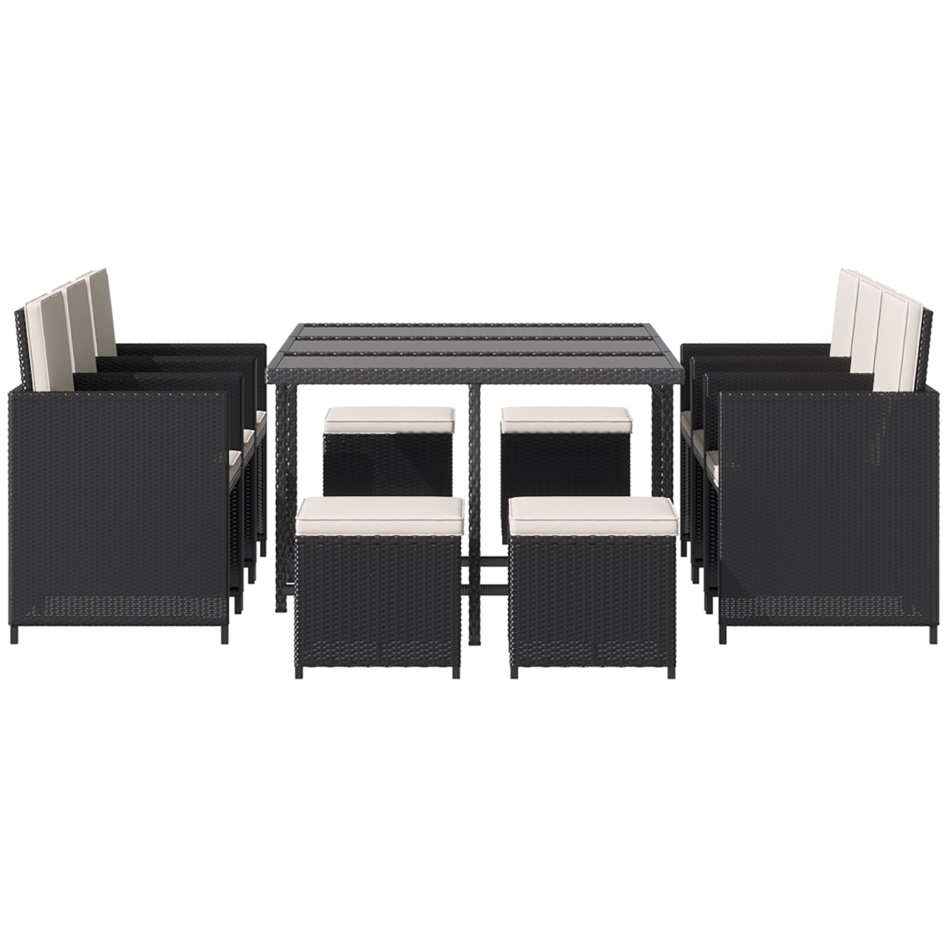 11-Piece Outdoor Rattan Garden Furniture Set with Tempered Glass Table and Cushions, Dining Set, Black