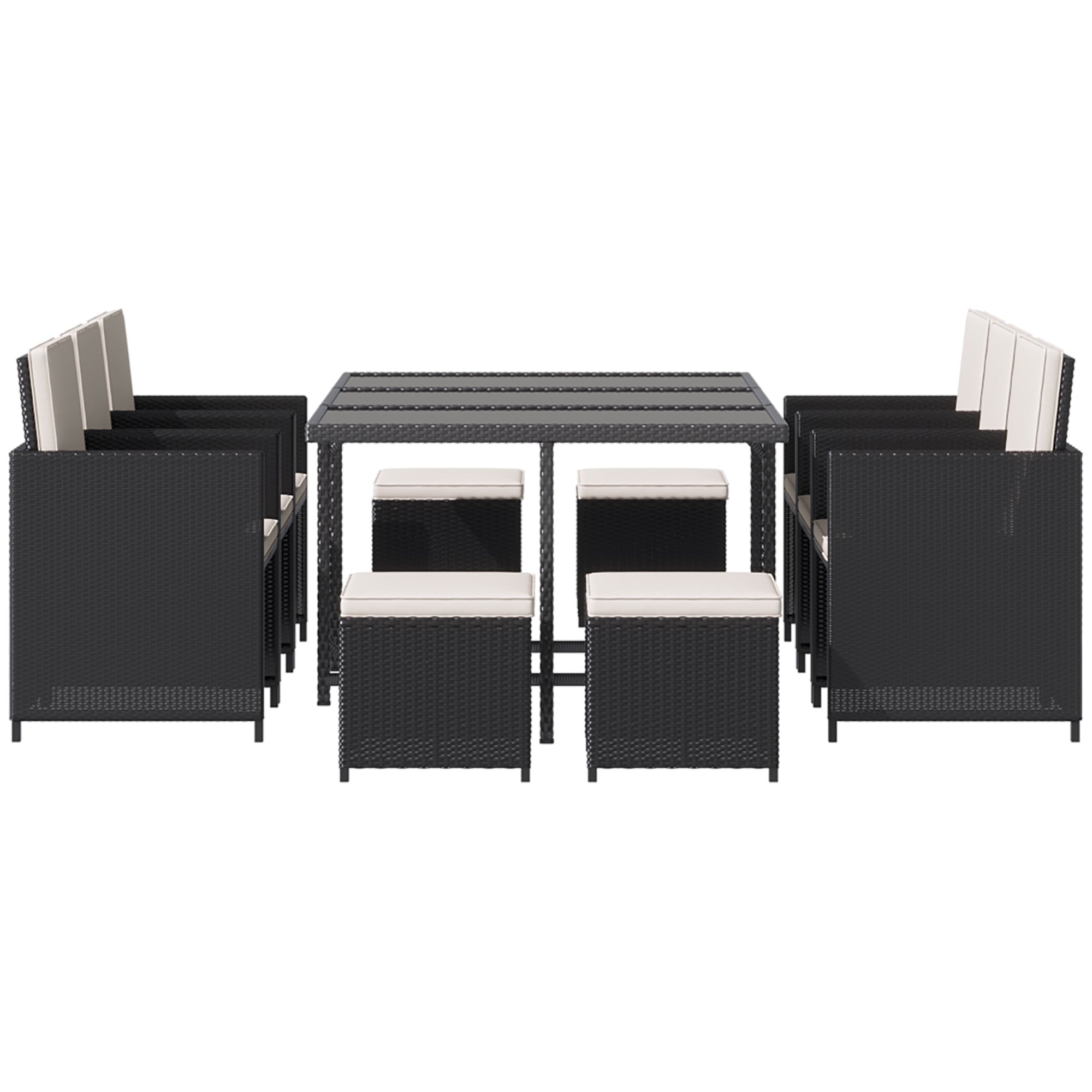11-Piece Outdoor Rattan Garden Furniture Set with Tempered Glass Table and Cushions, Dining Set, Black