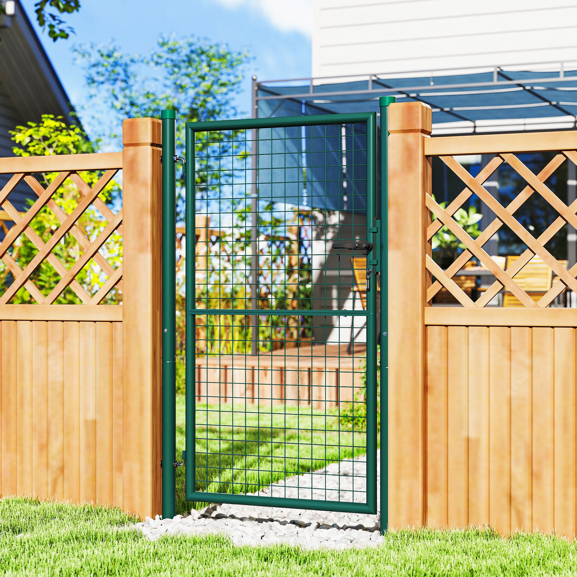 Garden Gate Steel 97 x 200 cm Garden Gate with Lock, Keys, and Handle, Arrow Decoration, Outdoor Patio Gate, Green