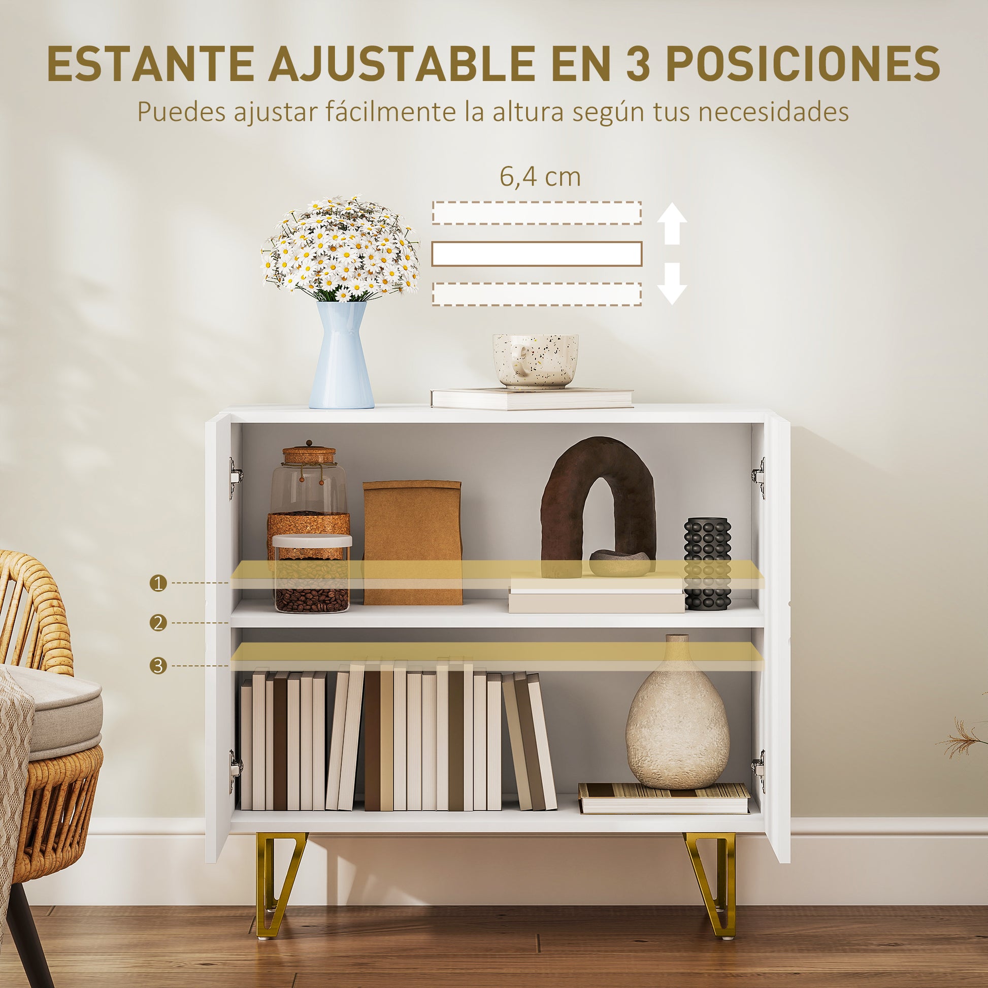 Living Room Buffet Sideboard with 2 Doors and Adjustable Shelves Storage Cabinet for Kitchen Entryway 80x40x75 cm Glossy White