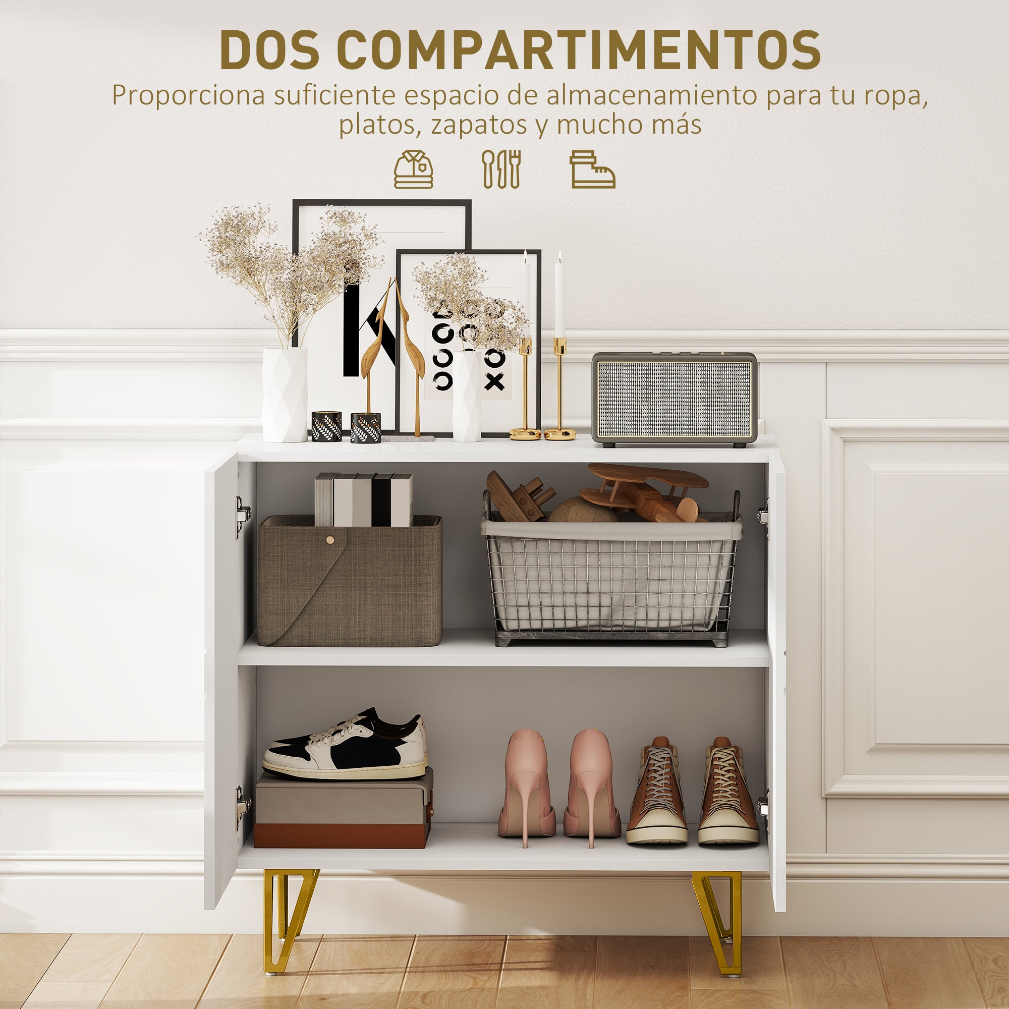 Living Room Buffet Sideboard with 2 Doors and Adjustable Shelves Storage Cabinet for Kitchen Entryway 80x40x75 cm Glossy White