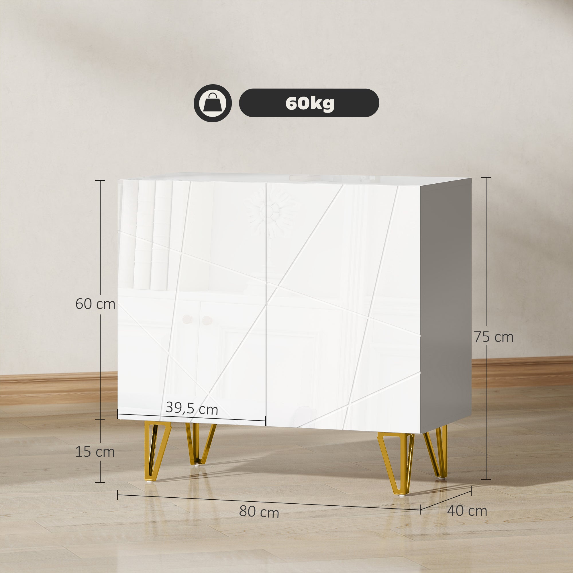 Living Room Buffet Sideboard with 2 Doors and Adjustable Shelves Storage Cabinet for Kitchen Entryway 80x40x75 cm Glossy White