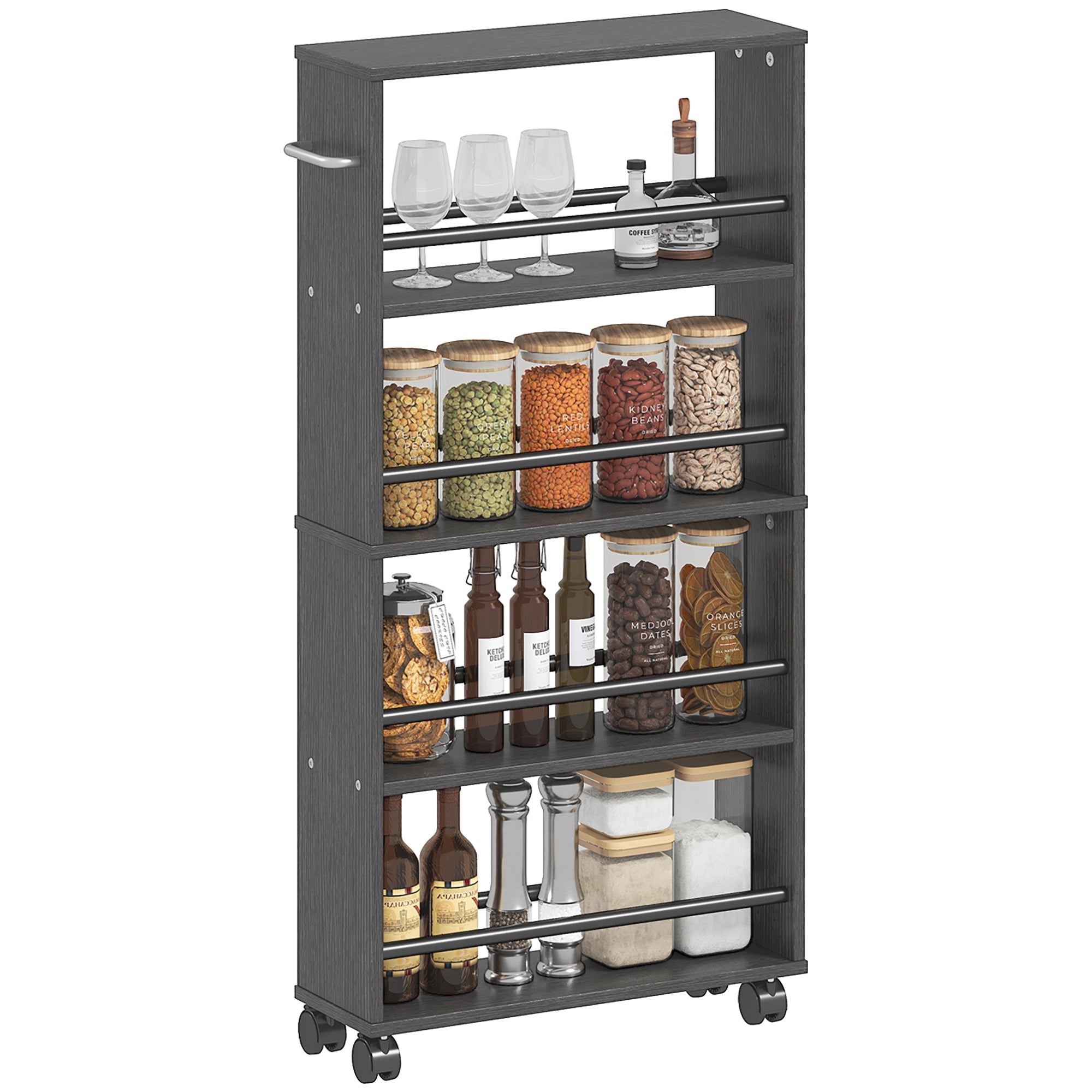 4-Tier Rolling Serving Cart with Handle and Brakes — Slim Utility Trolley for Kitchen, Office, Bathroom, Black