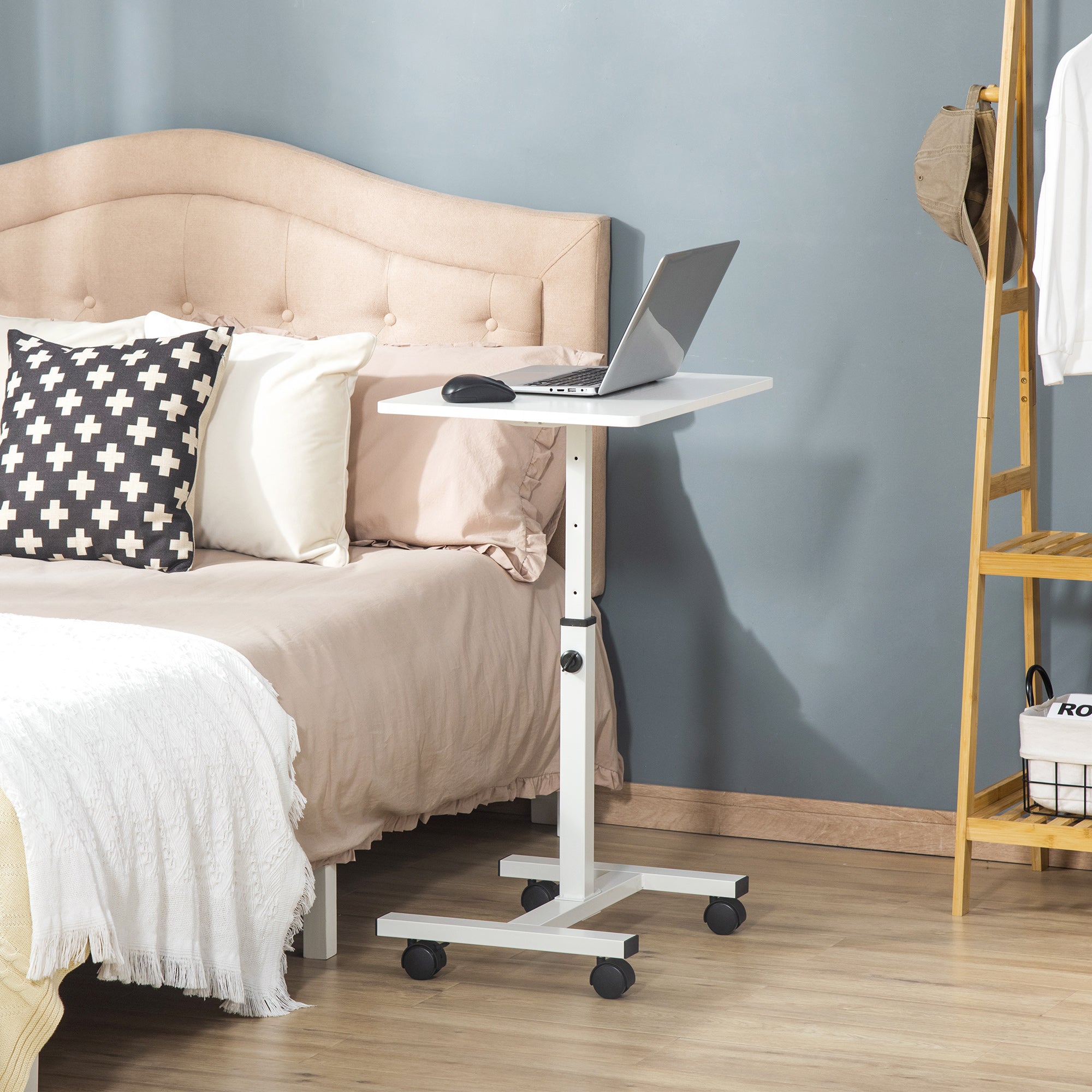 Rolling Side Table with Adjustable Height for Sofa Bed with Metal Frame and Brakes for Bedroom Living Room 60x40x52.5-84 cm White
