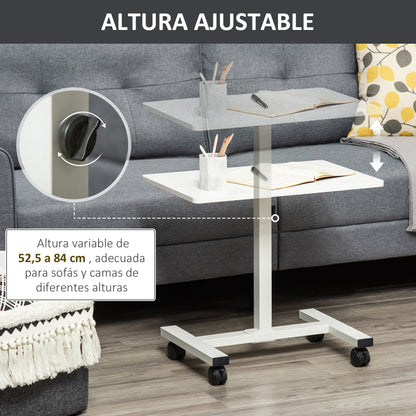 Rolling Side Table with Adjustable Height for Sofa Bed with Metal Frame and Brakes for Bedroom Living Room 60x40x52.5-84 cm White