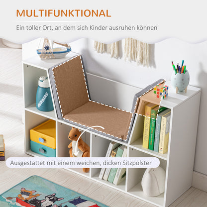 Children's Shelf Bookshelf with Seat Bench Children's Bench with 6 Compartments Seat Box with 3 Cushions Toy Chest from 3 Years White+Gray 103 x 30 x 62 cm
