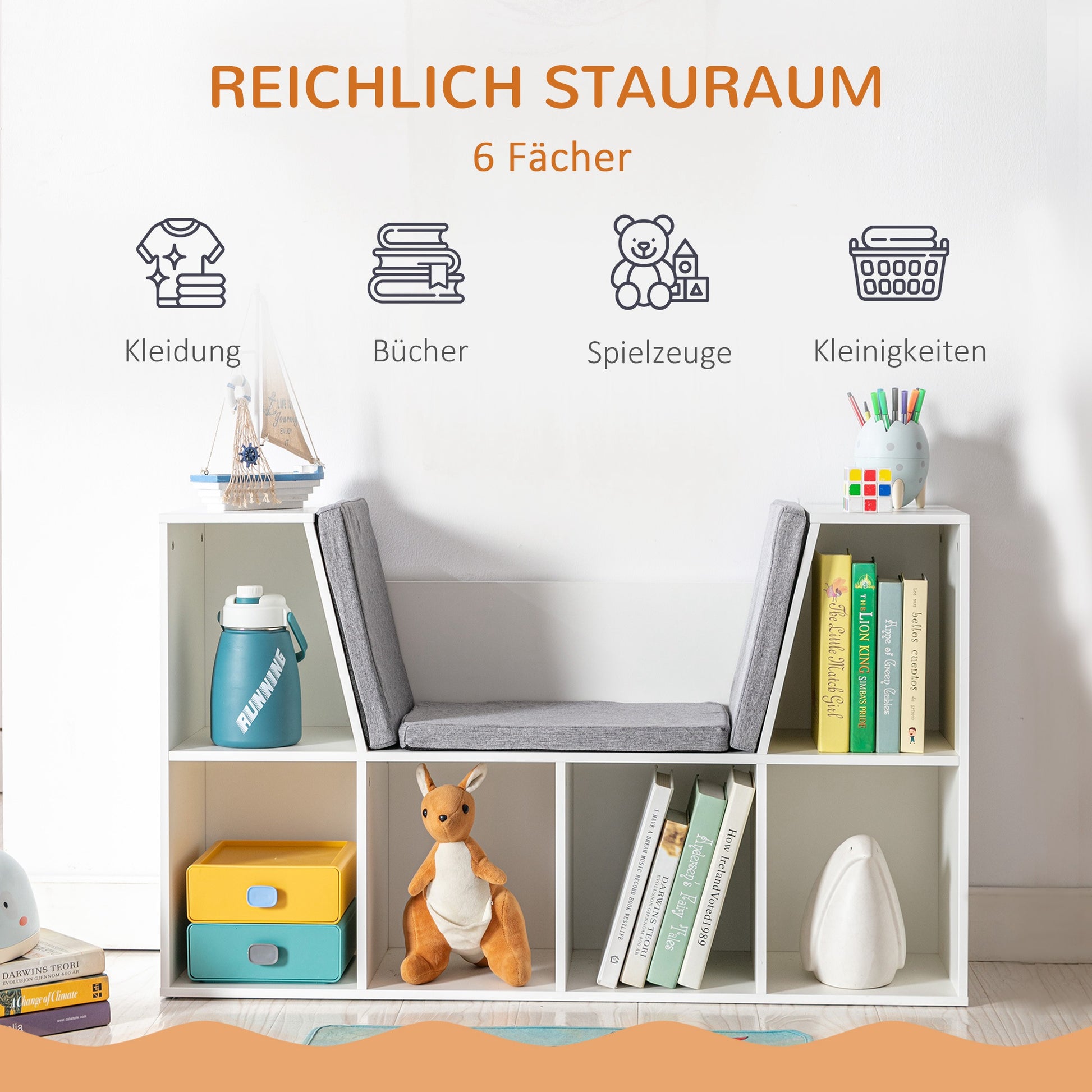 Children's Shelf Bookshelf with Seat Bench Children's Bench with 6 Compartments Seat Box with 3 Cushions Toy Chest from 3 Years White+Gray 103 x 30 x 62 cm