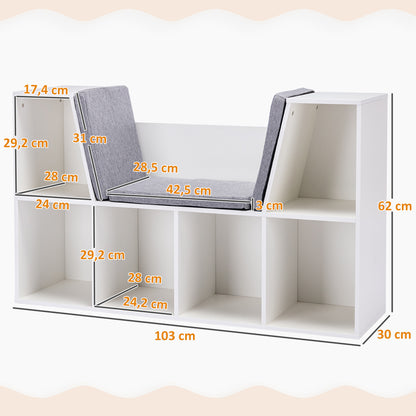 Children's Shelf Bookshelf with Seat Bench Children's Bench with 6 Compartments Seat Box with 3 Cushions Toy Chest from 3 Years White+Gray 103 x 30 x 62 cm