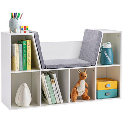 Children's Shelf Bookshelf with Seat Bench Children's Bench with 6 Compartments Seat Box with 3 Cushions Toy Chest from 3 Years White+Gray 103 x 30 x 62 cm