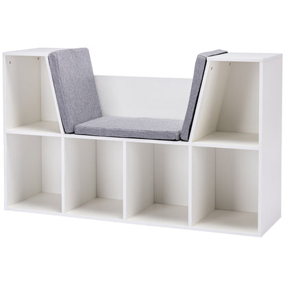 Children's Shelf Bookshelf with Seat Bench Children's Bench with 6 Compartments Seat Box with 3 Cushions Toy Chest from 3 Years White+Gray 103 x 30 x 62 cm