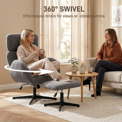 Swivel Recliner with Ottoman, Velvet-Look Textured Upholstery, Adjustable Headrest & Height, Tilt Function, Living Room Armchair, Gray